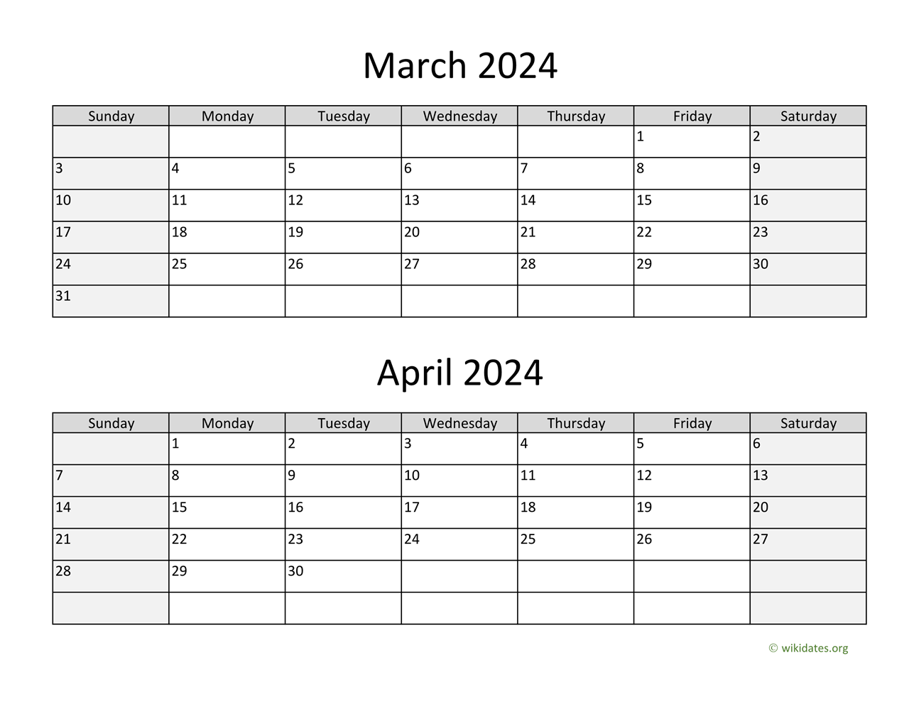 March And April 2024 Calendar | Wikidates for March April 2024 Printable Calendar