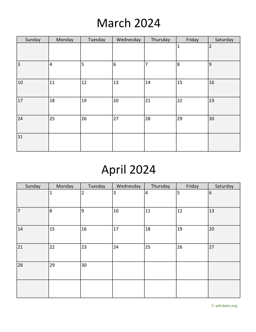 March And April 2024 Calendar | Wikidates for Printable Calendar March April 2024