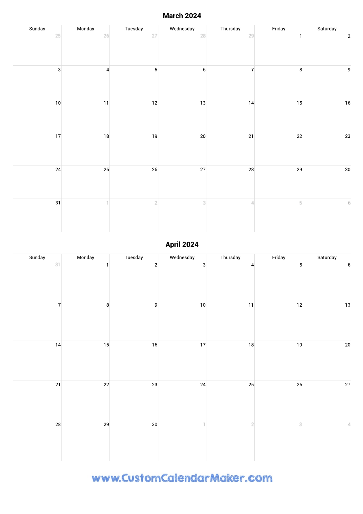 March And April 2024 Printable Calendar Template for Calendar March April 2024 Printable