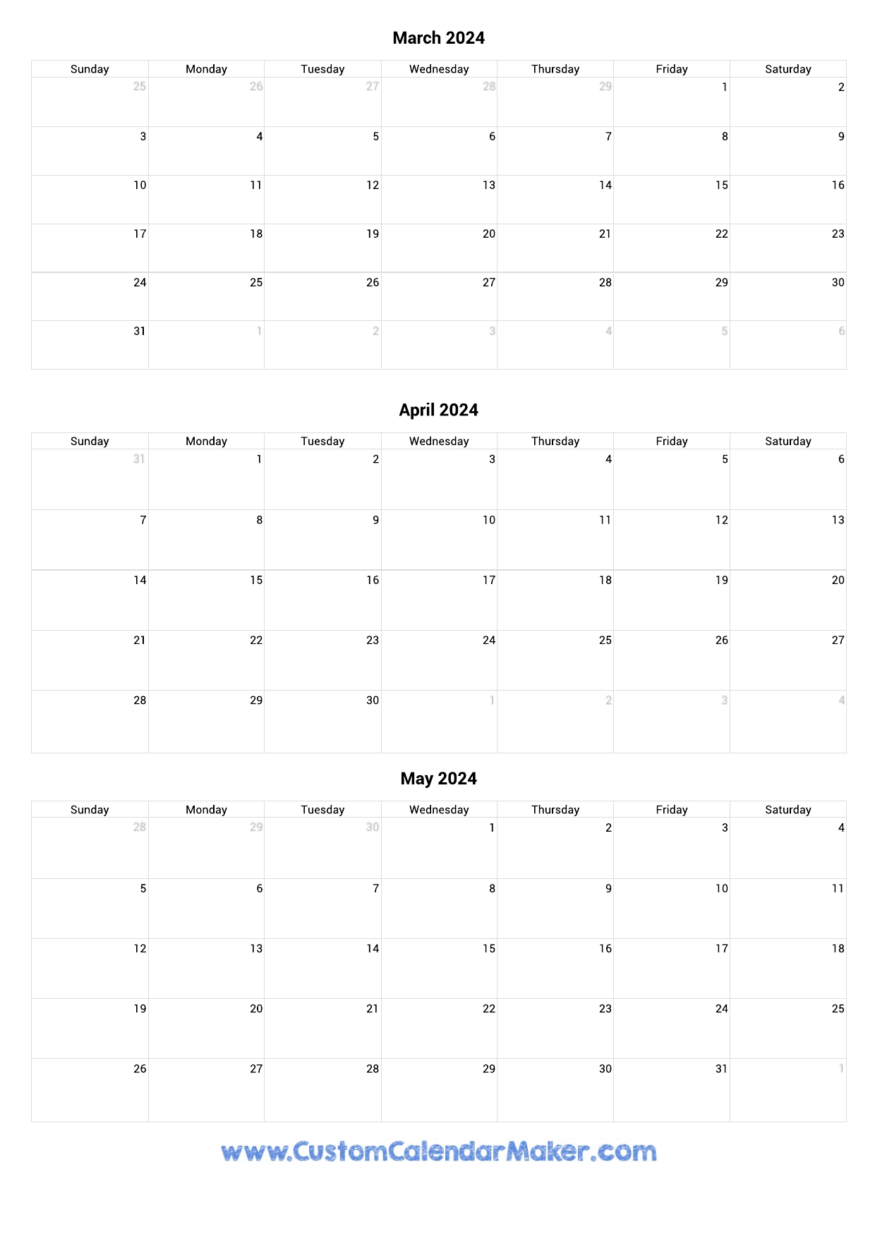 March To May 2024 Calendar Printable for March April May 2024 Calendar Printable