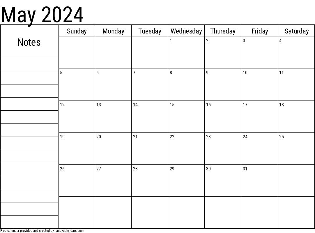 May 2024 Calendar With Notes - Handy Calendars for May 2024 Calendar Printable With Notes