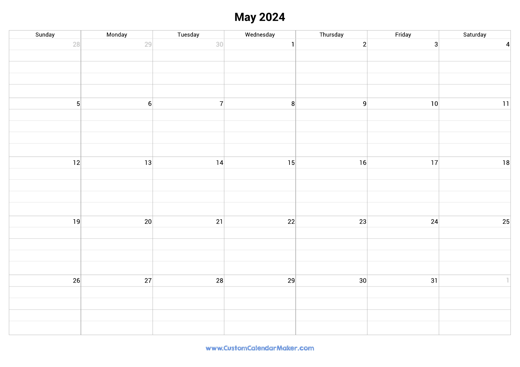 May 2024 Fillable Calendar Grid With Lines for Printable May 2024 Calendar With Lines