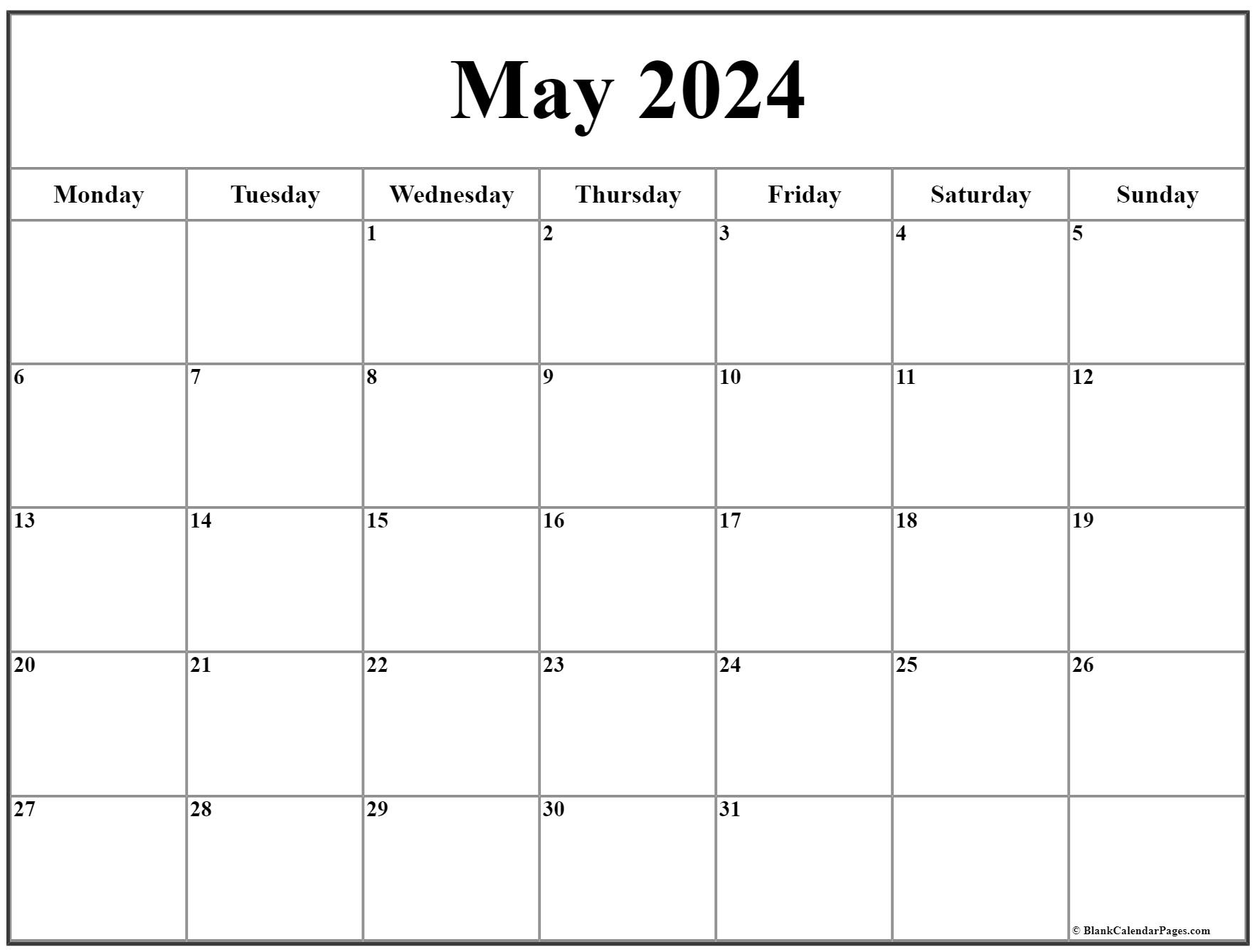 May 2024 Monday Calendar | Monday To Sunday for May Calendar 2024 Printable Monday Start