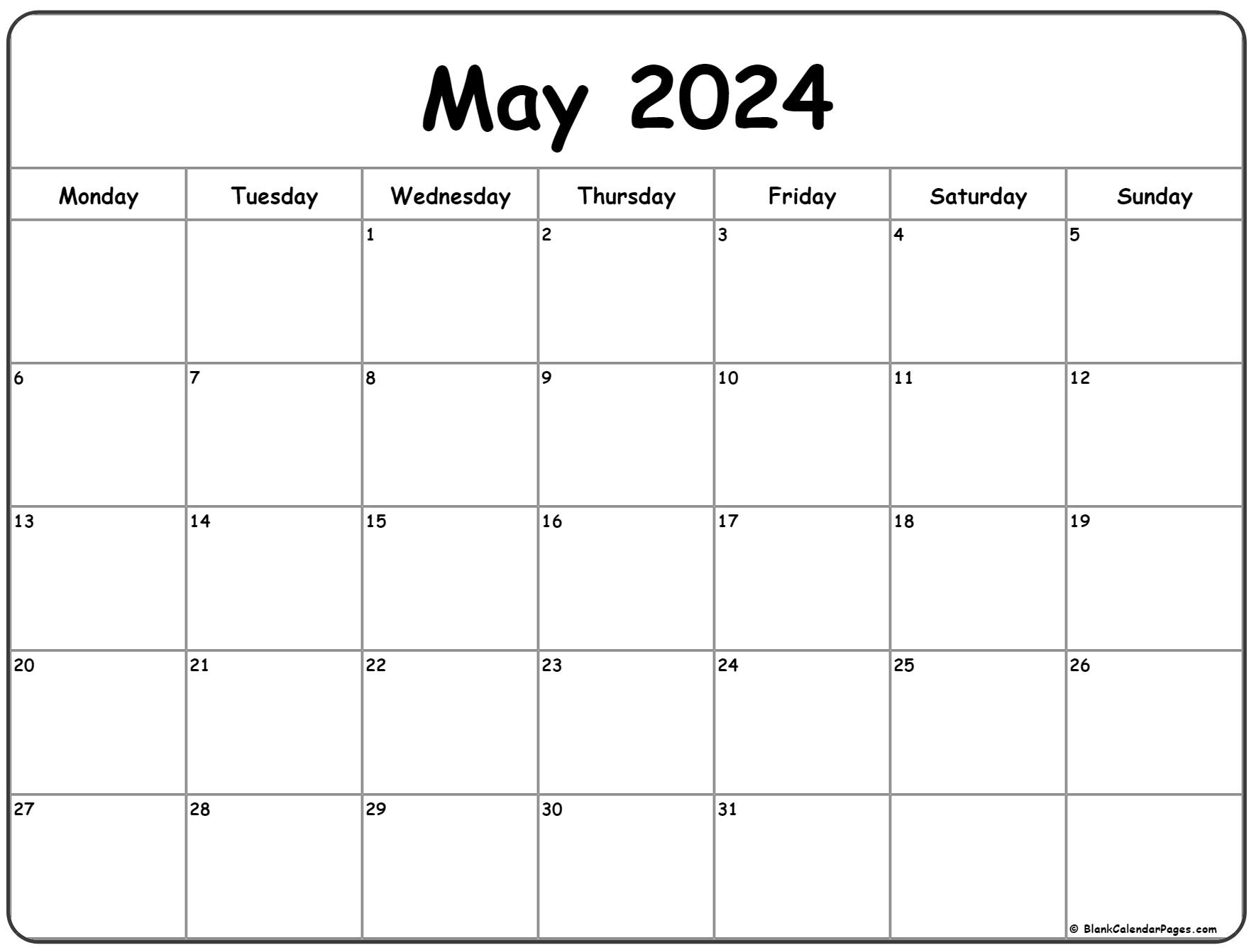 May 2024 Monday Calendar | Monday To Sunday for May Calendar 2024 Printable Monday Start