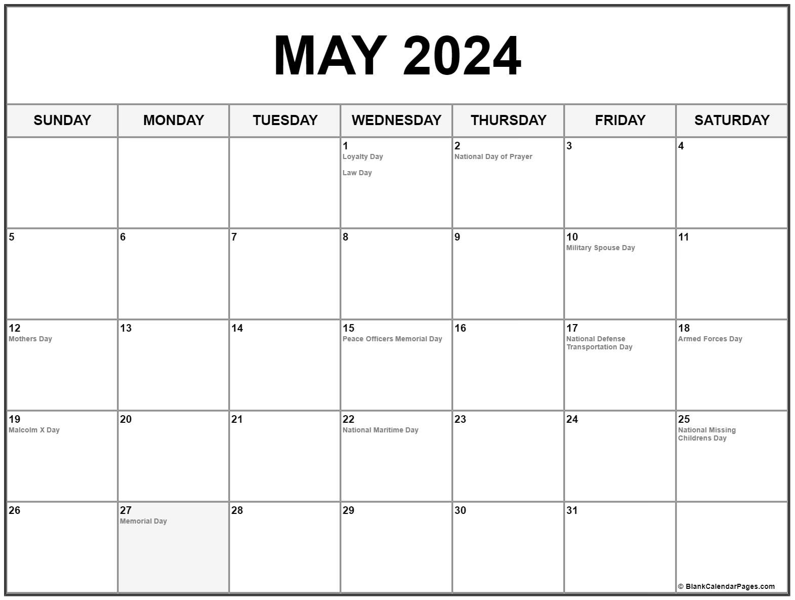 May 2024 With Holidays Calendar for Blank May 2024 Calendar Free Printable