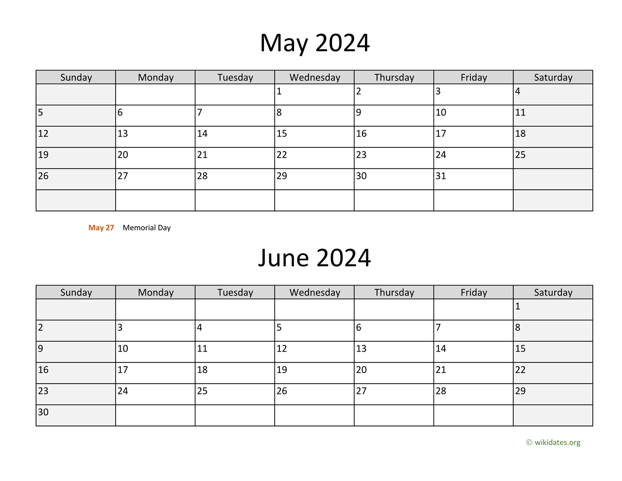 May And June 2024 Calendar | Wikidates for Free Printable Calendar 2024 May And June