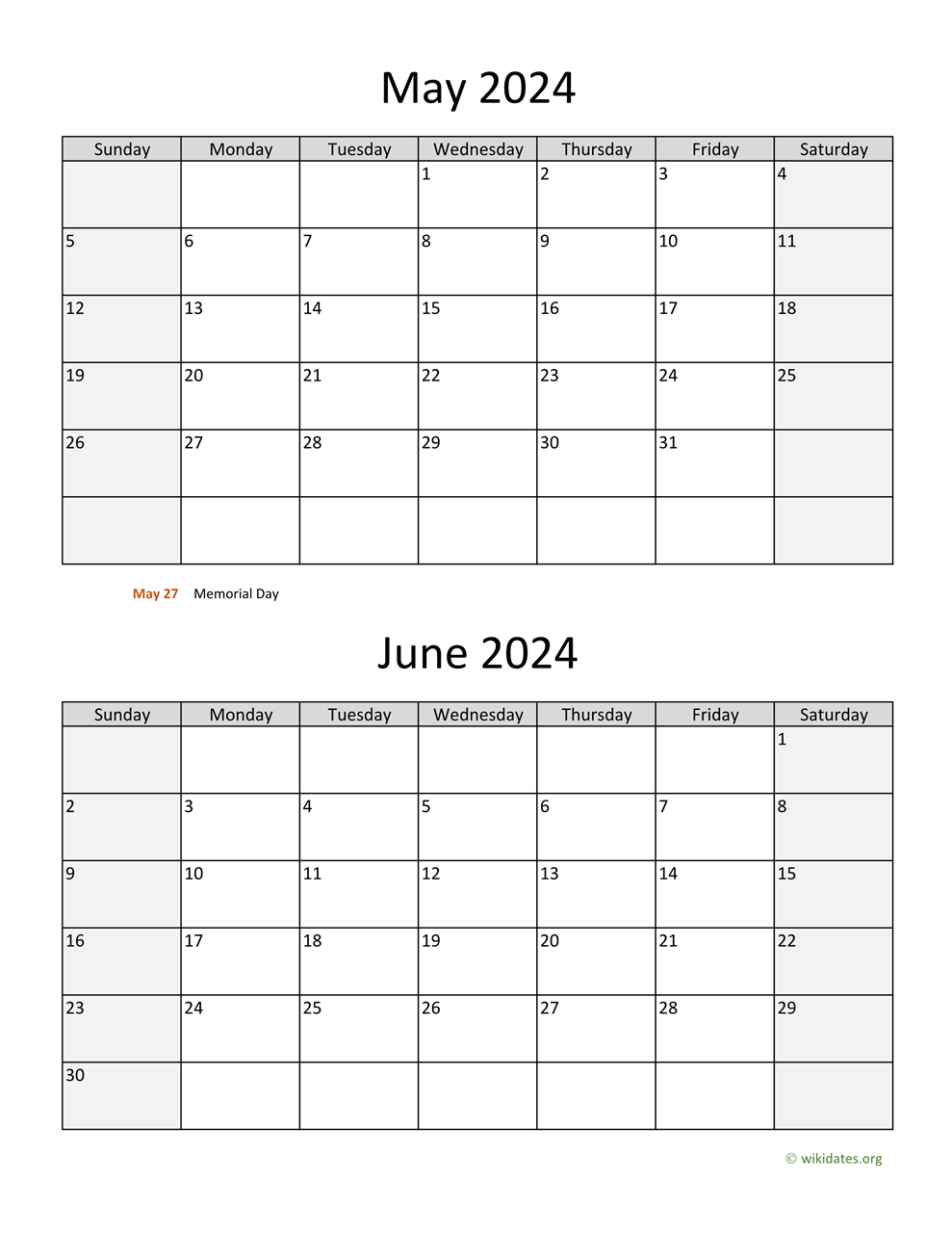 May And June 2024 Calendar | Wikidates for Free Printable Calendar 2024 May And June