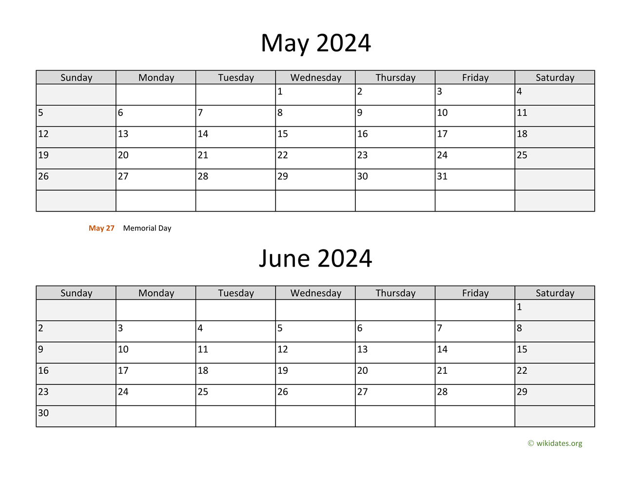May And June 2024 Calendar | Wikidates for May June 2024 Printable Calendar