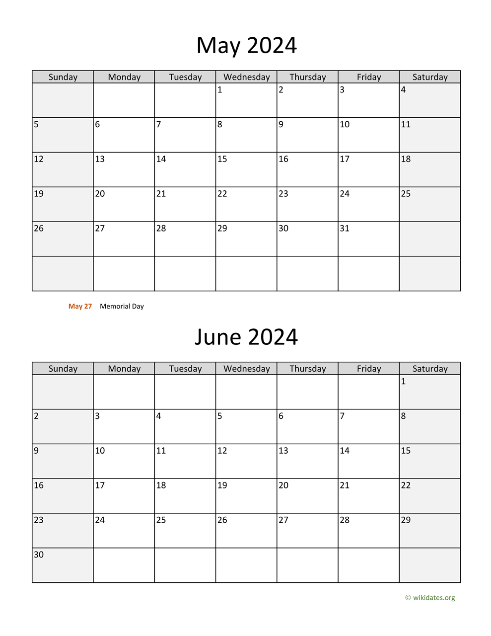 May And June 2024 Calendar | Wikidates for May June 2024 Printable Calendar