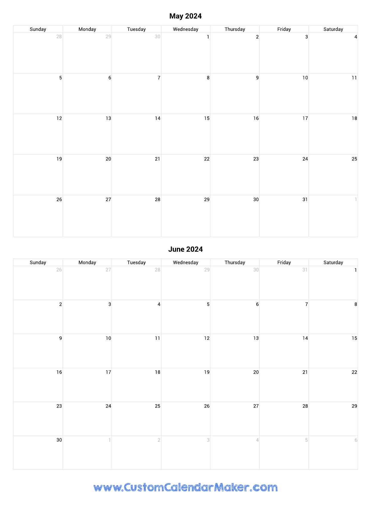 May And June 2024 Printable Calendar Template for 2024 May And June Calendar Printable