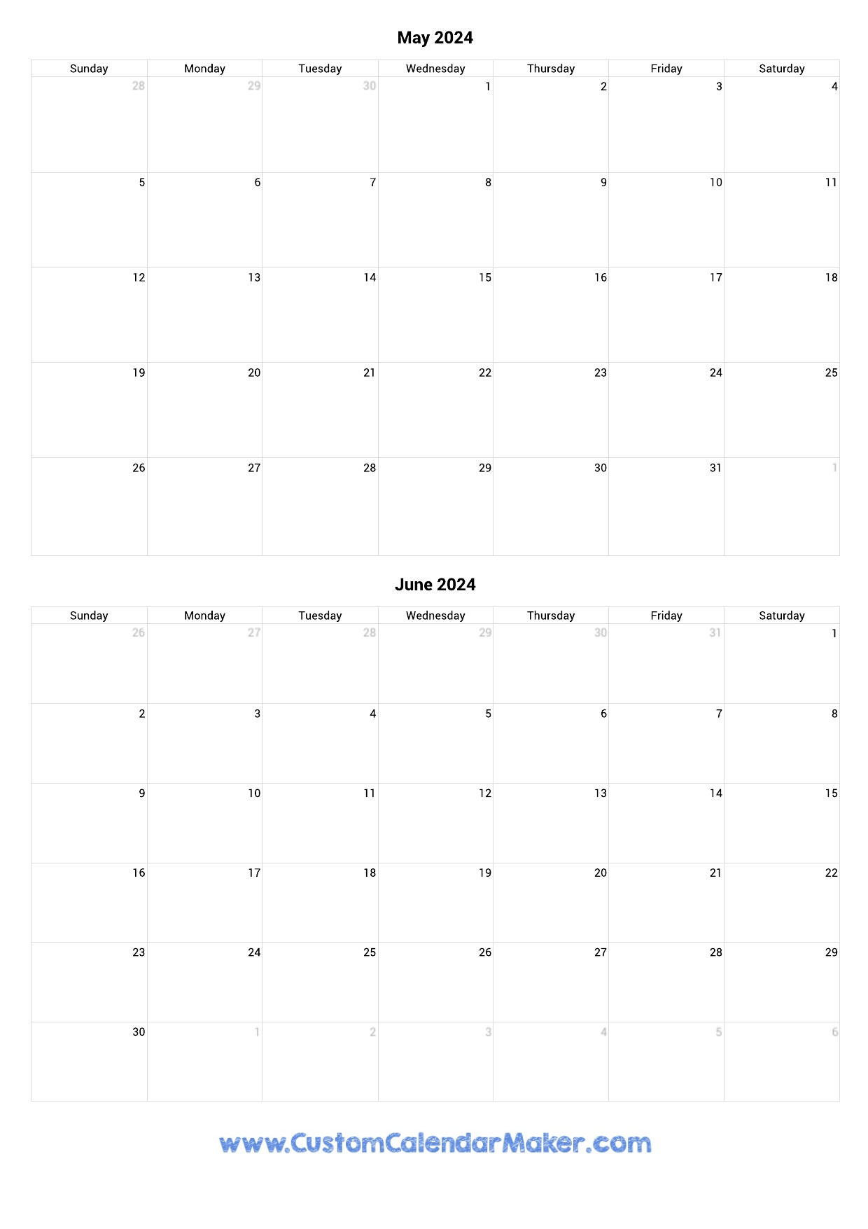 May And June 2024 Printable Calendar Template for Free Printable Calendar 2024 May And June