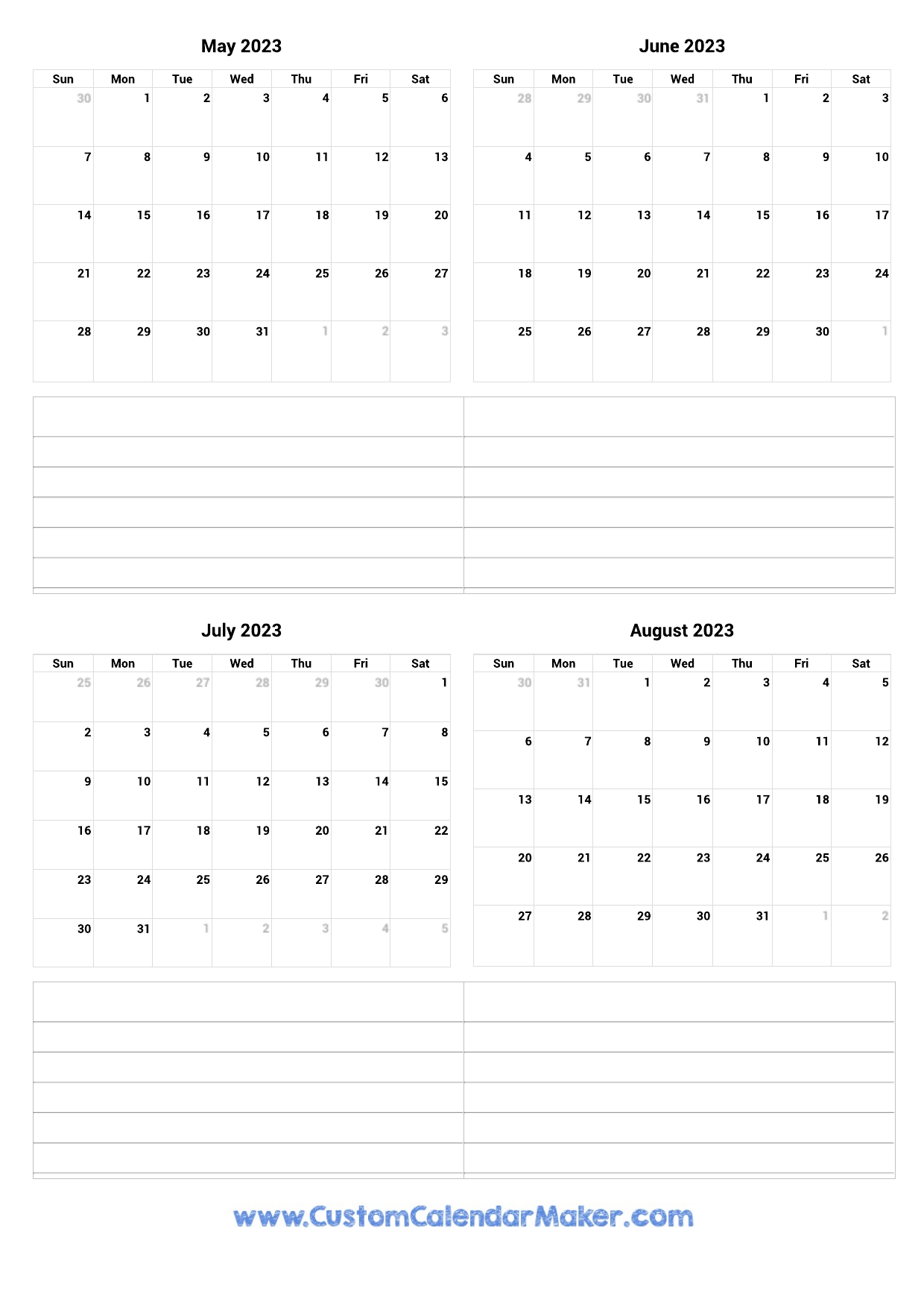 May To August 2023 Printable Calendar for Printable Calendar May-August 2024