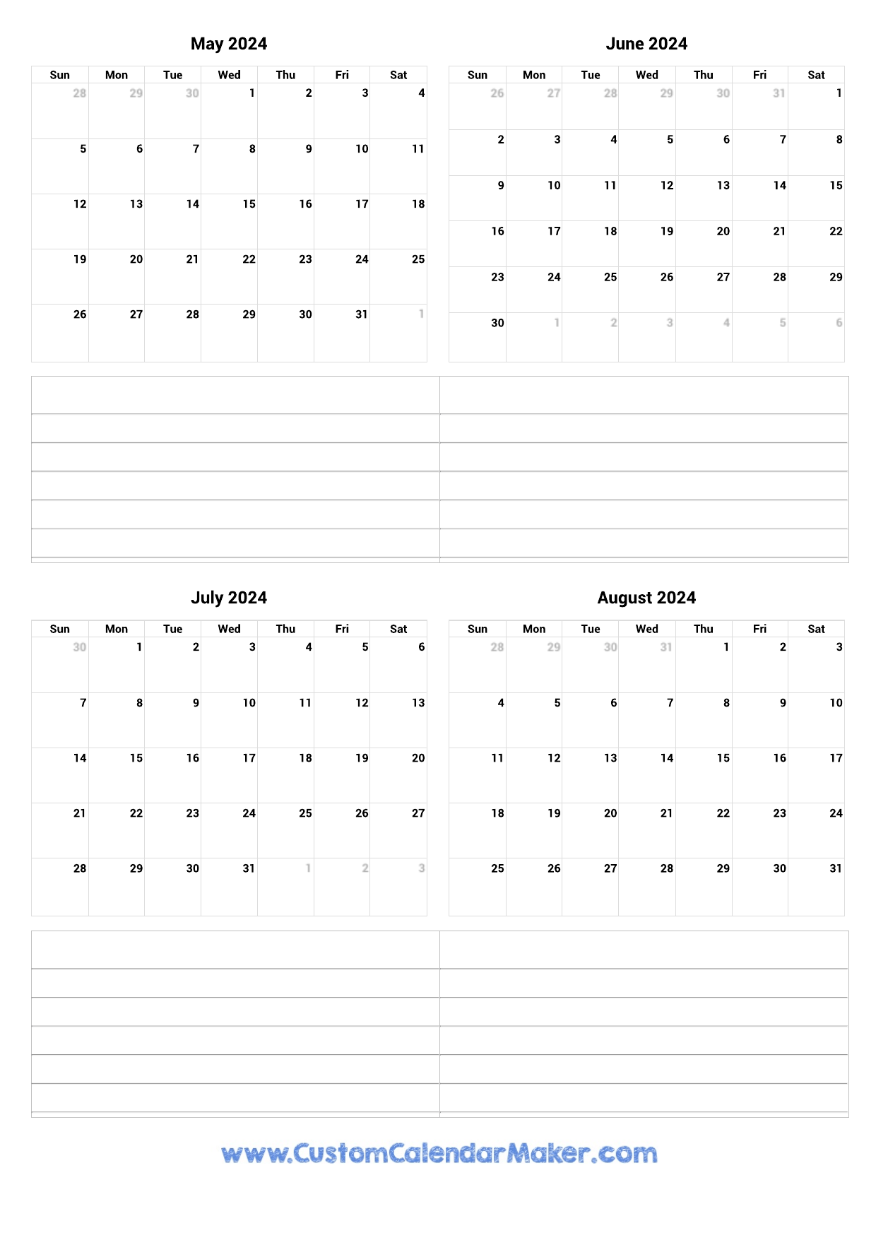 May To August 2024 Printable Calendar for Printable May June July August 2024 Calendar