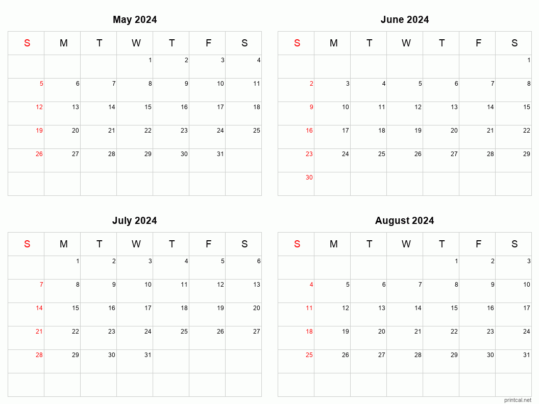 May To August 2024 Printable Calendar | Four Months Per Page for 2024 Printable Calendar 4 Months Per Page
