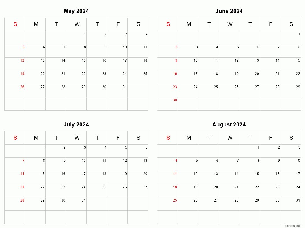 May To August 2024 Printable Calendar | Four Months Per Page for Printable Calendar 4 Months Per Page 2024