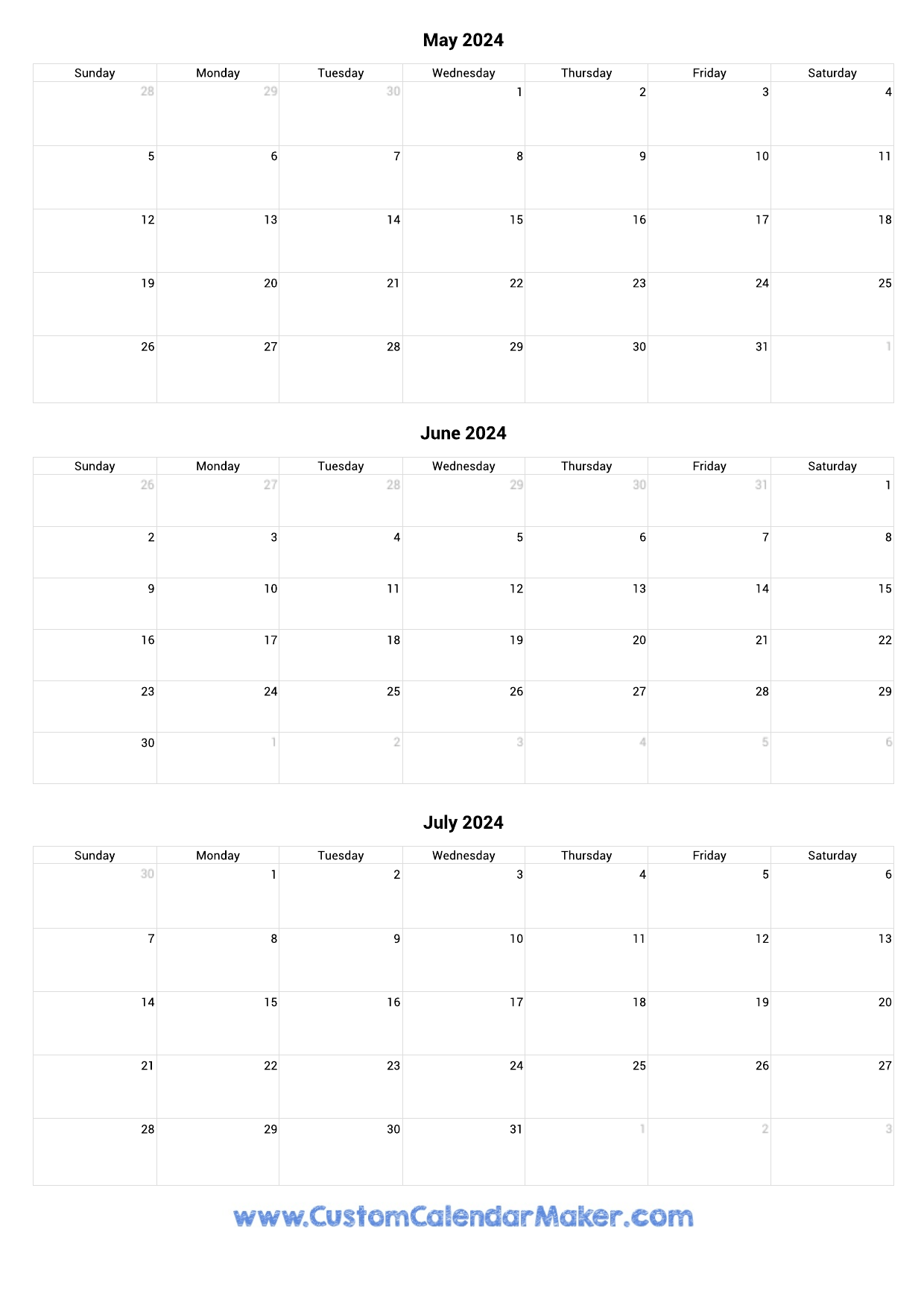 May To July 2024 Calendar Printable for Printable 3 Month Calendar 2024 May June July