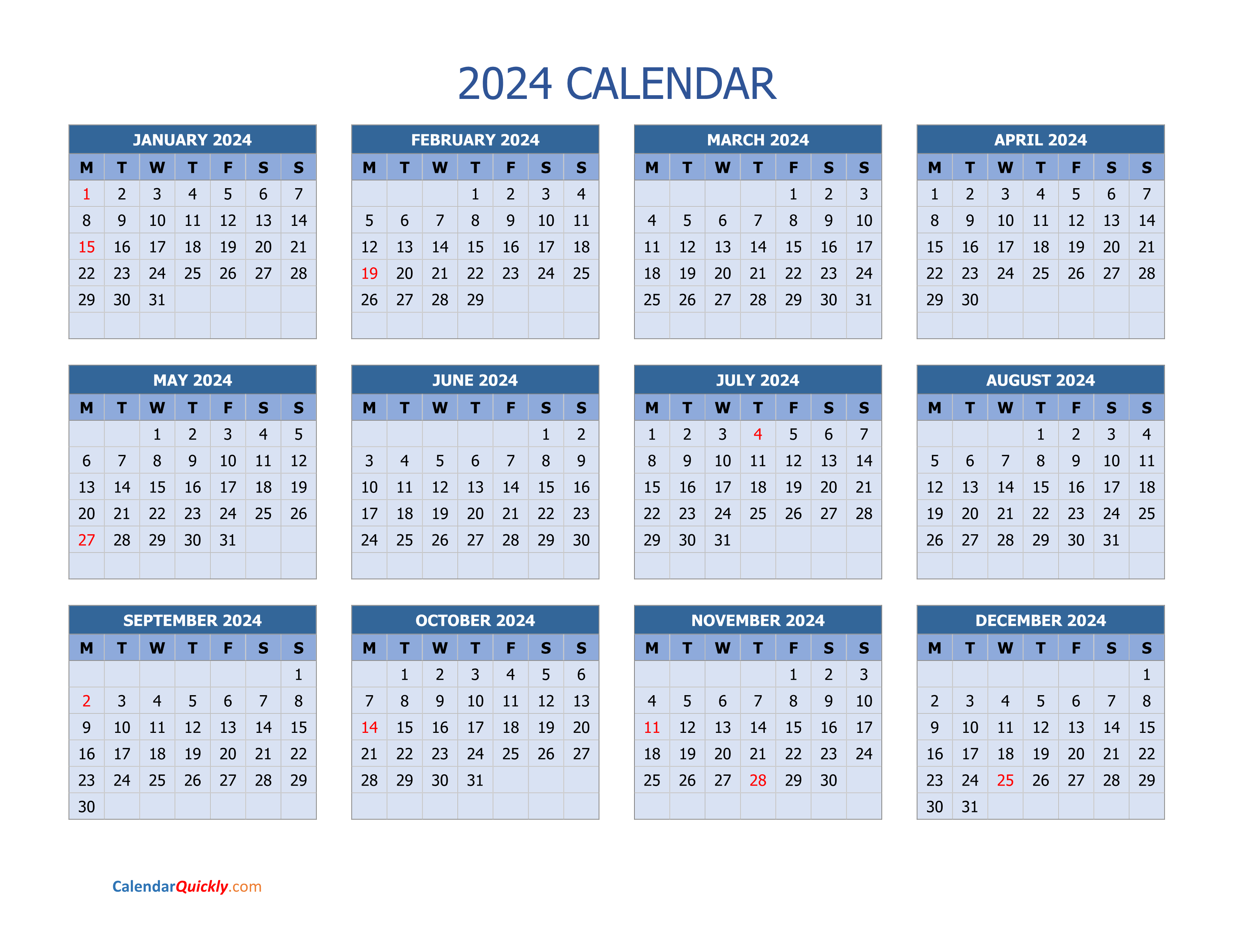 Monday 2024 Calendar Horizontal | Calendar Quickly for Printable Horizontal Calendar 2024