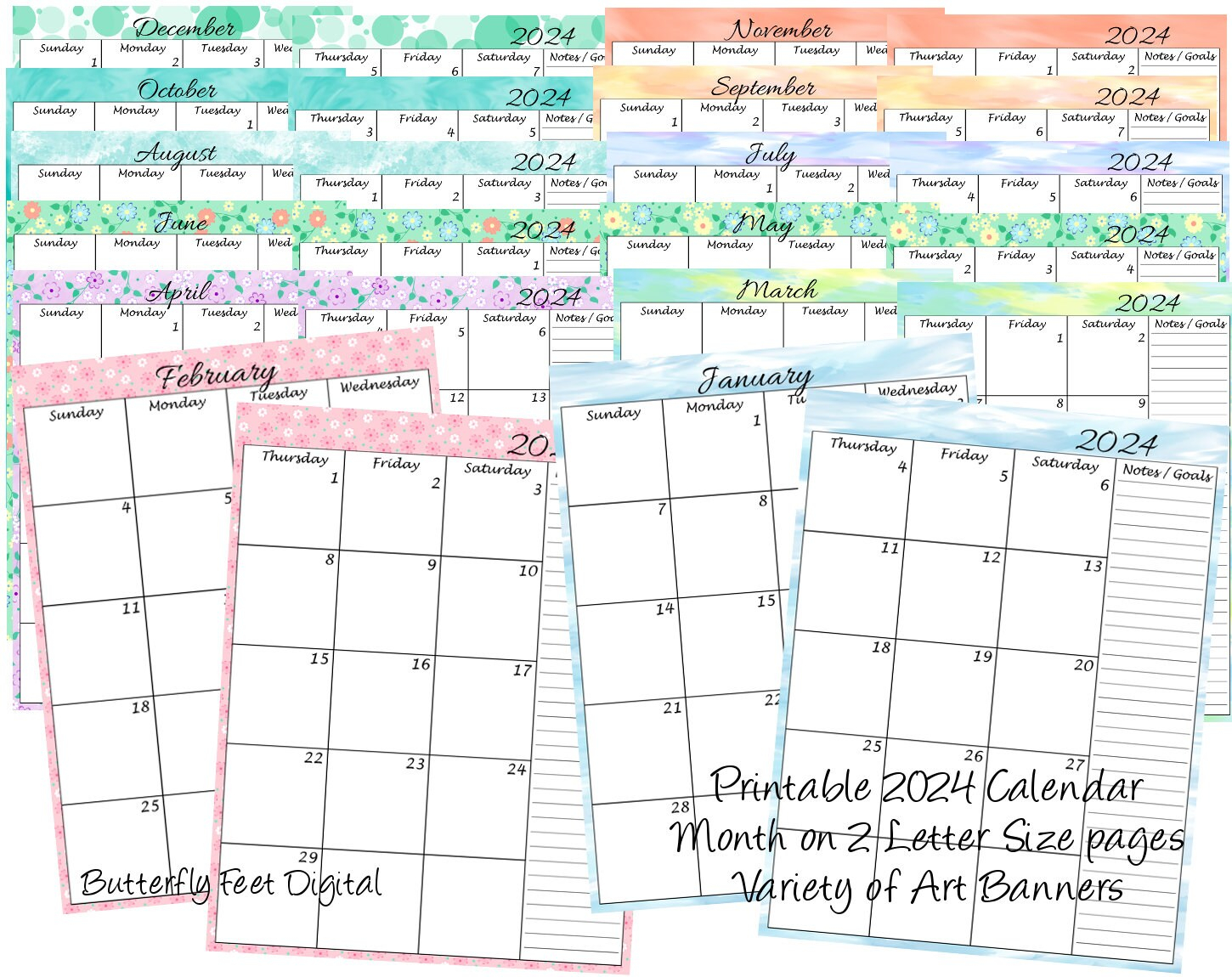 Month On 2 Pages 2024 Printable Calendar Planner Extra Wide - Etsy for 2 Month Printable Calendar 2024