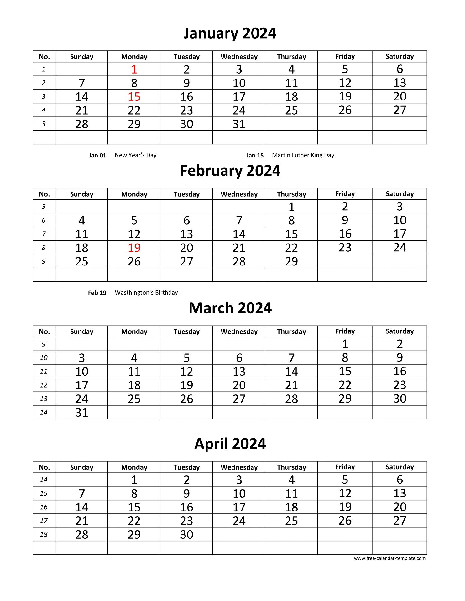 Monthly 2024 Calendar 4 Months Per Page (Vertical) | Free-Calendar for 2024 Printable Calendar 4 Months Per Page