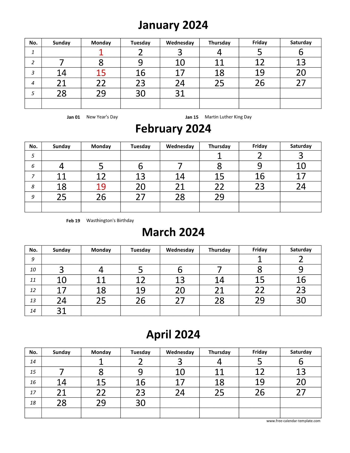 Printable Calendar 4 Months Per Page 2024 Printable Calendar 2024