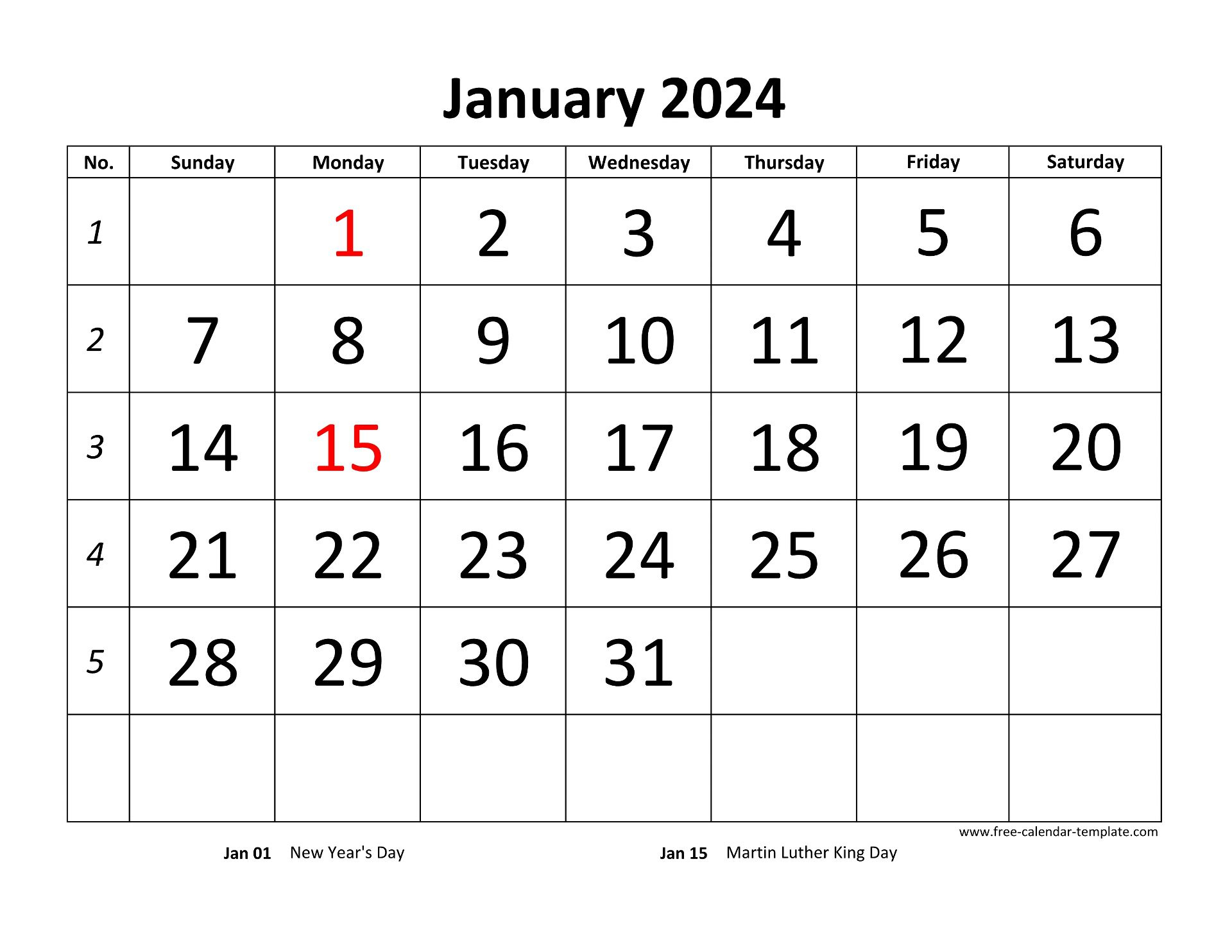 Monthly 2024 Calendar Designed With Large Font (Horizontal) | Free for Large Printable Calendar 2024
