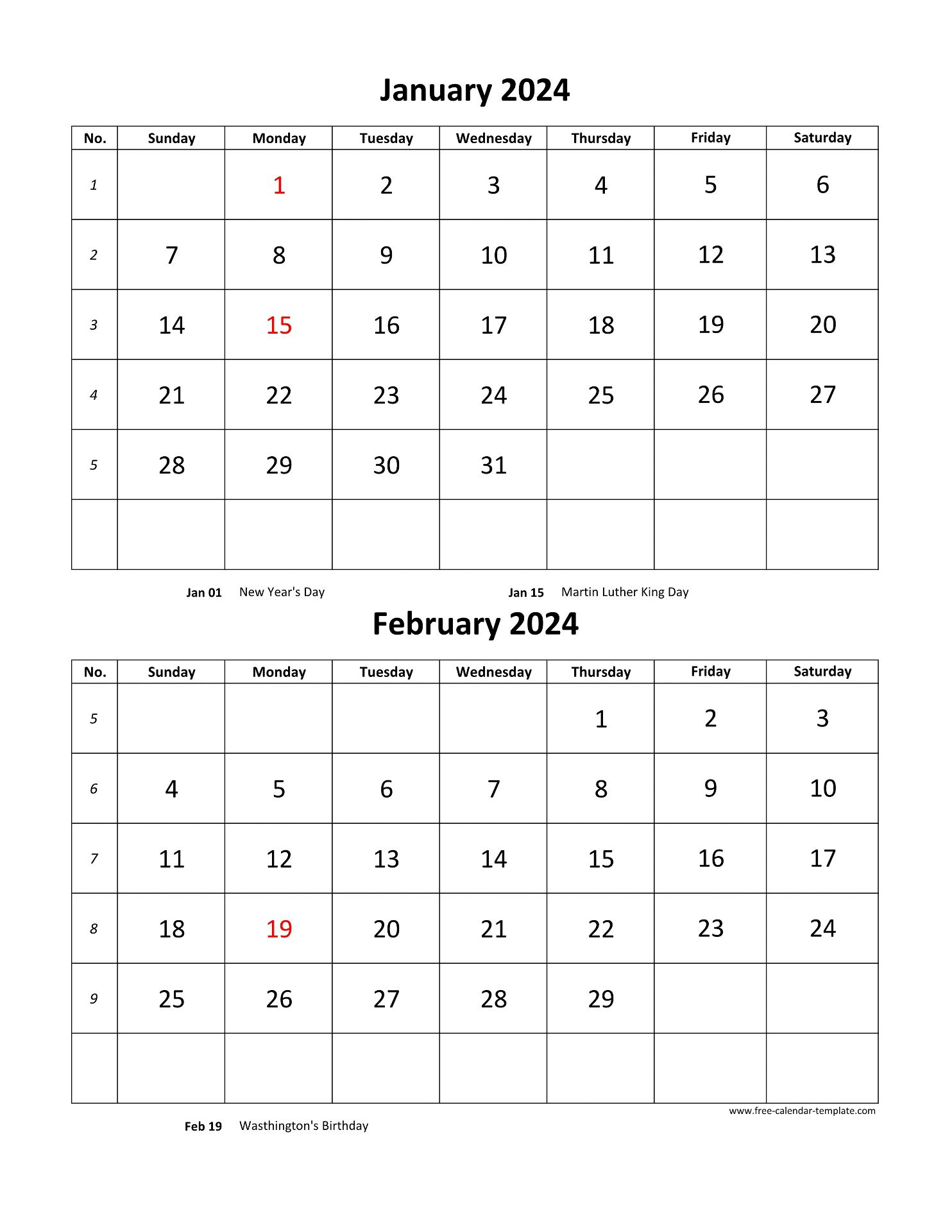 Monthly Calendar 2024, 2 Months Per Page (Vertical) | Free for 2024 2 Month Calendar Printable