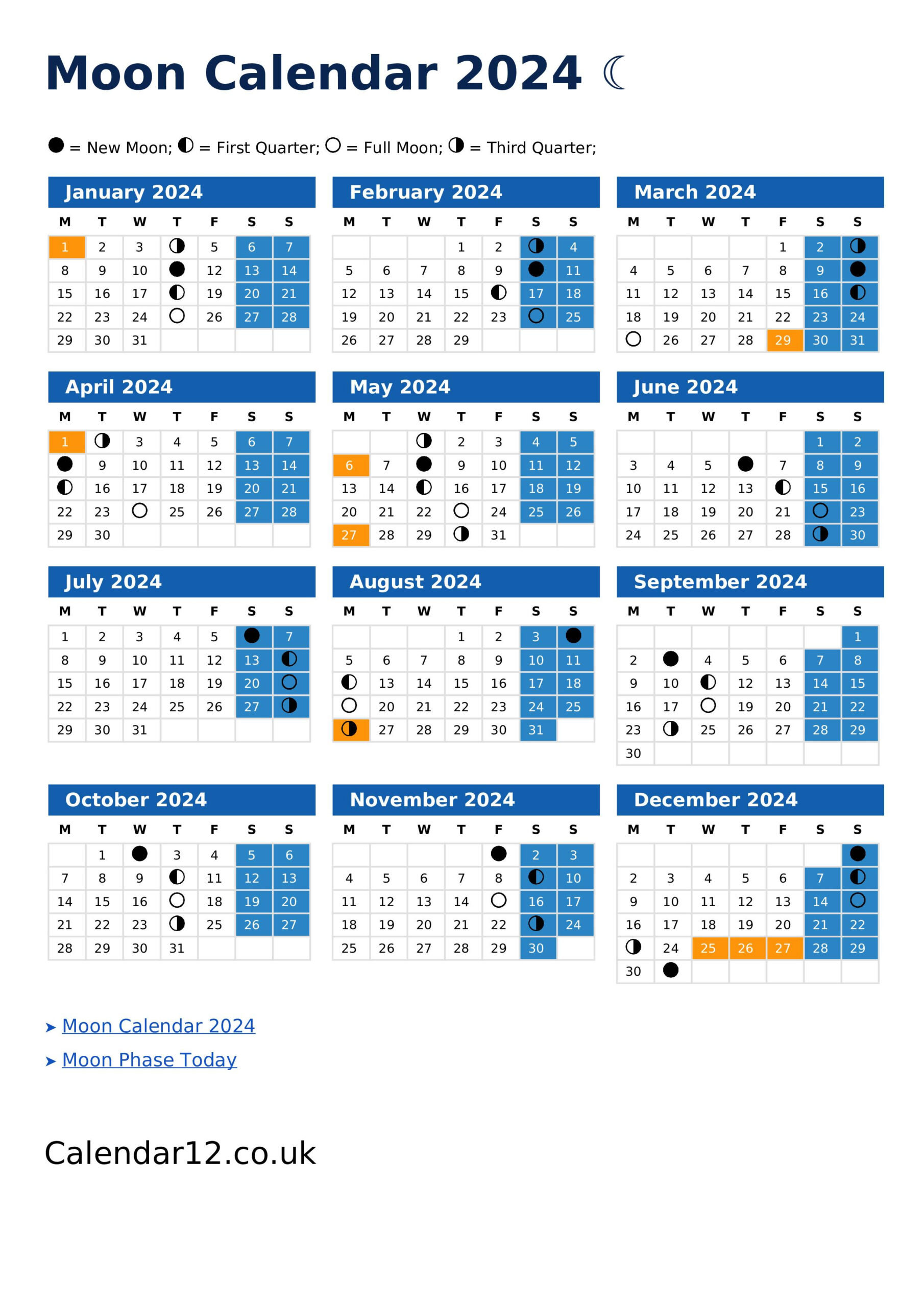 Moon Calendar January 2024 ⬅️ — Calendar12.Co.uk for 2024 Full Moon Calendar Printable