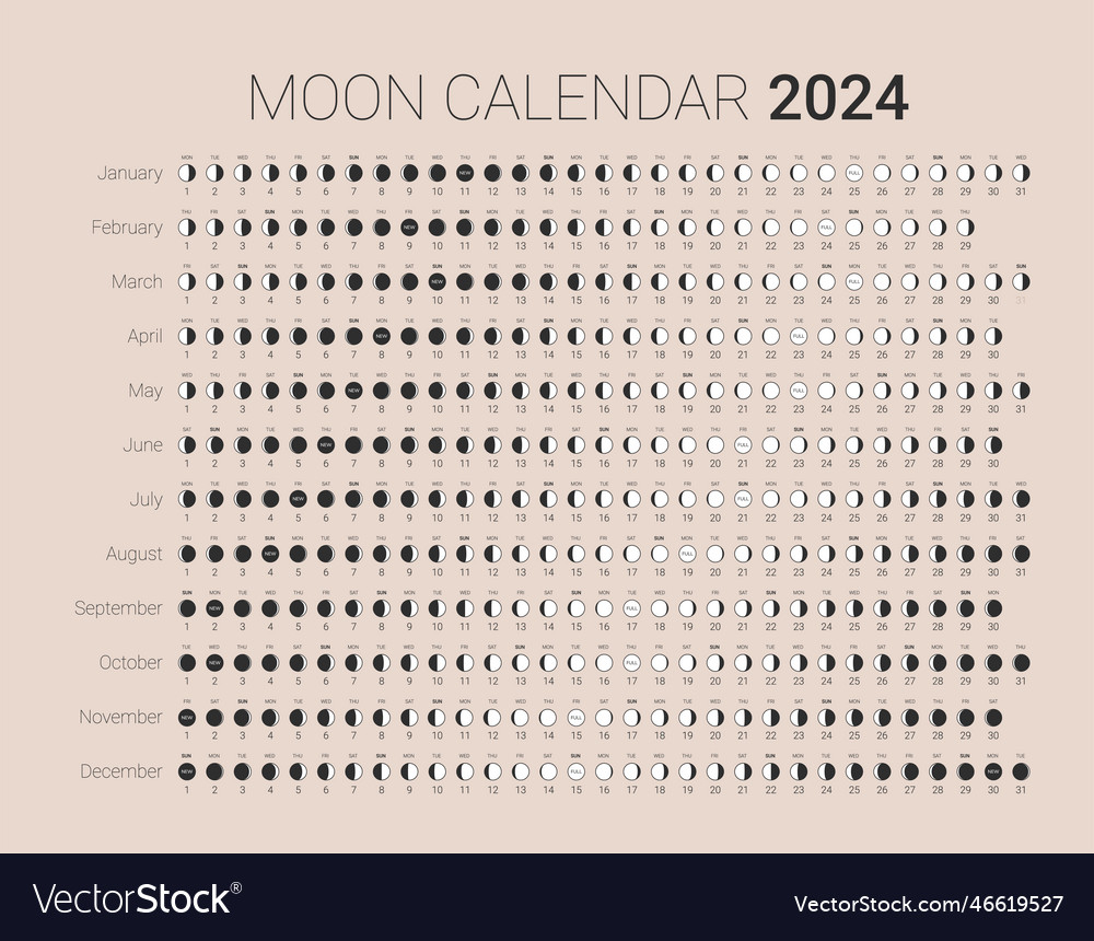 Moon Lunar 2024 Year Calendar Monthly Cycle Vector Image for 2024 Lunar Calendar Free Printable