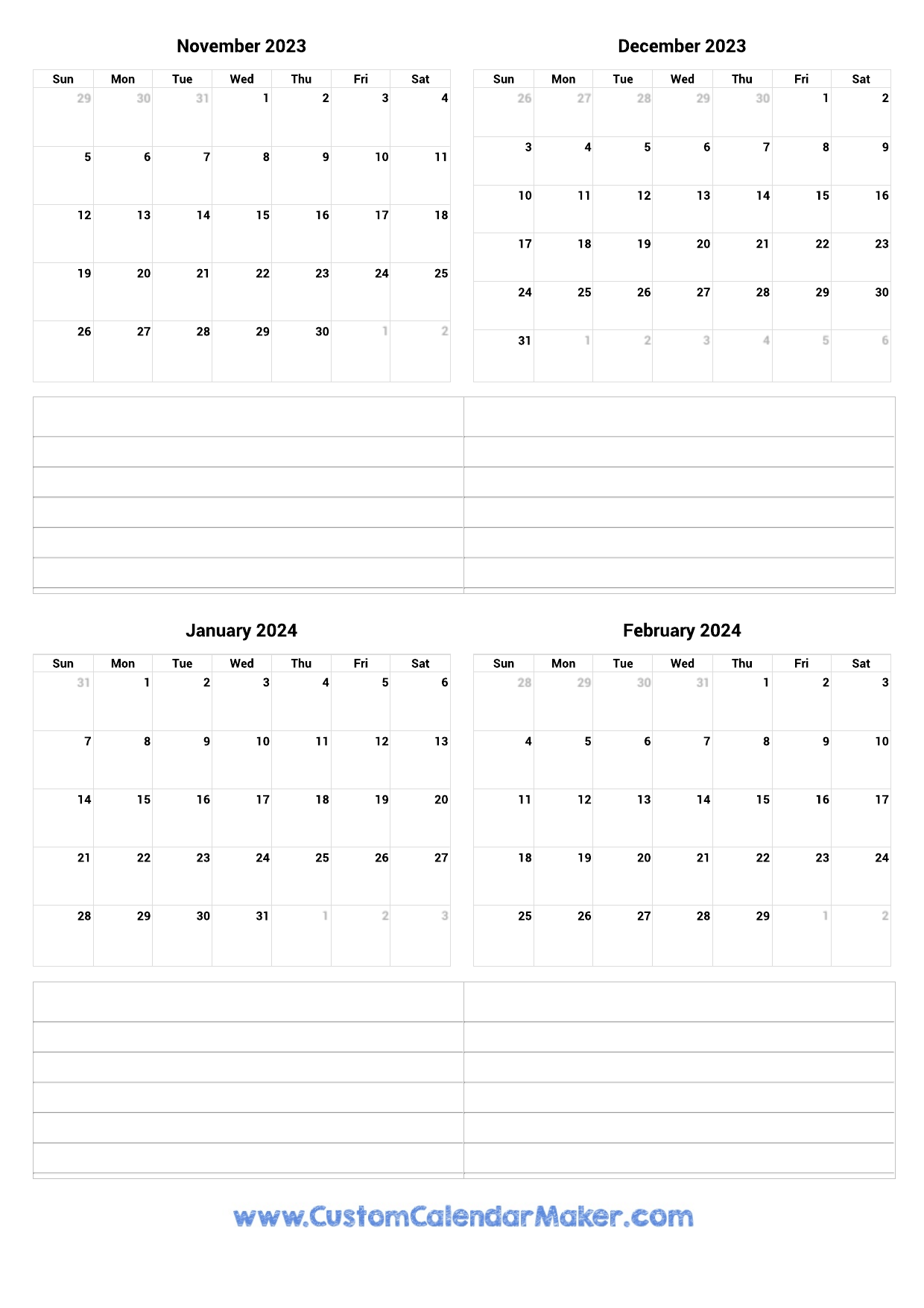 November 2023 To February 2024 Printable Calendar for Printable Calendar November 2023 To January 2024