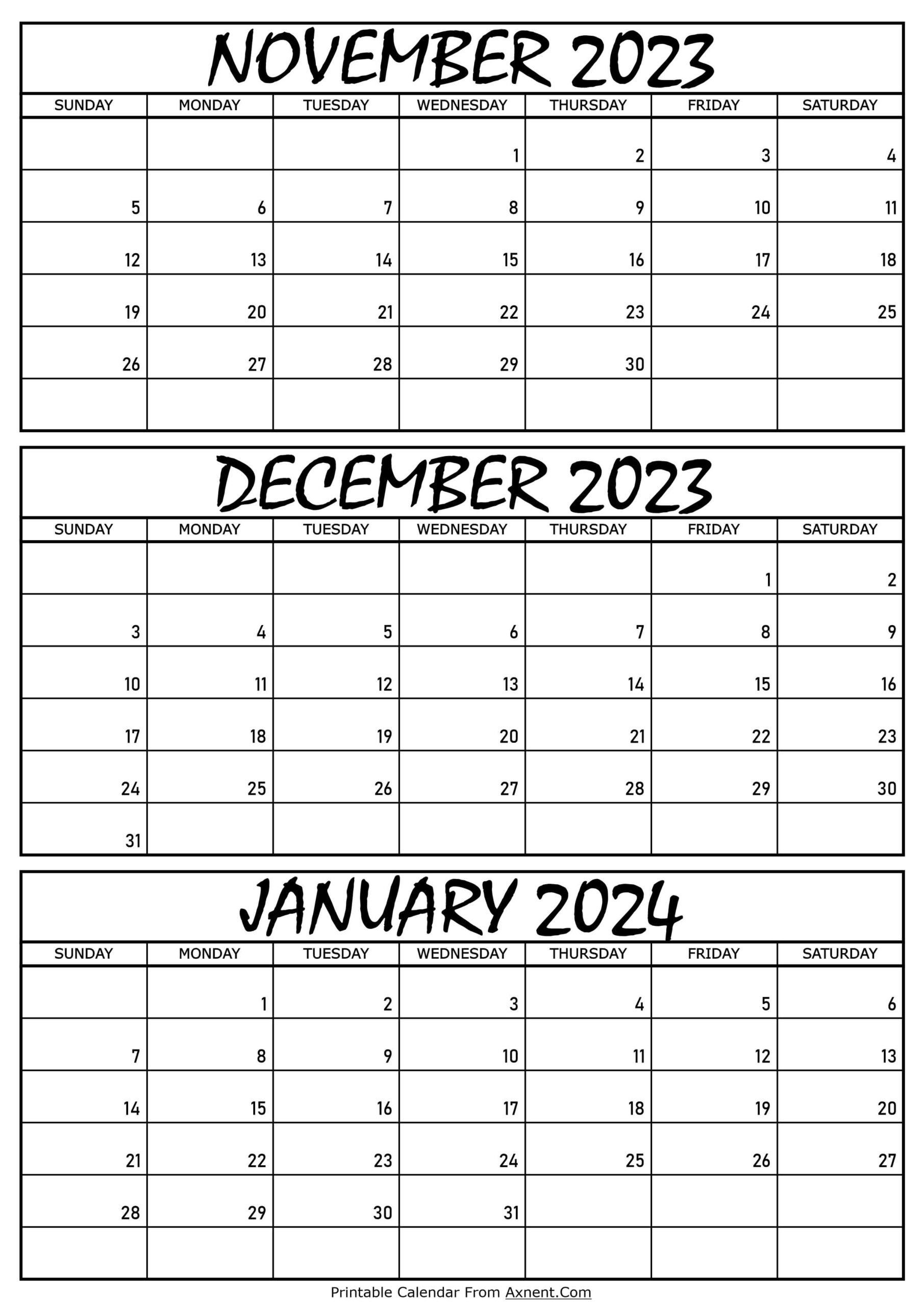November 2023 To January 2024 Calendar Templates - Three Months for Printable Calendar November 2023 To January 2024