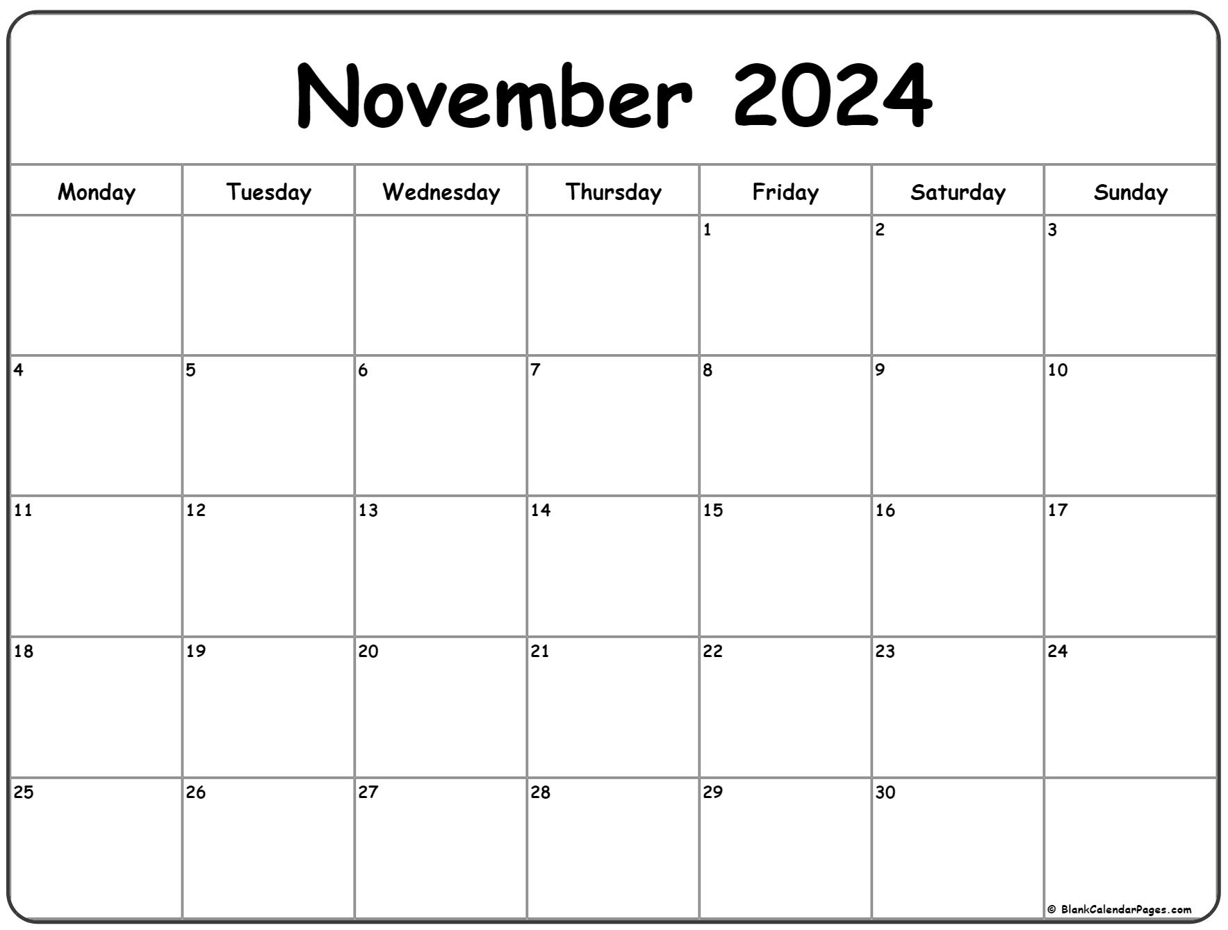 November 2024 Monday Calendar | Monday To Sunday for Calendar November 2024 Printable
