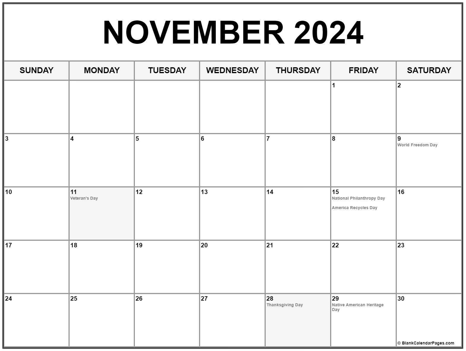 November 2024 With Holidays Calendar for November 2024 Calendar With Holidays Printable