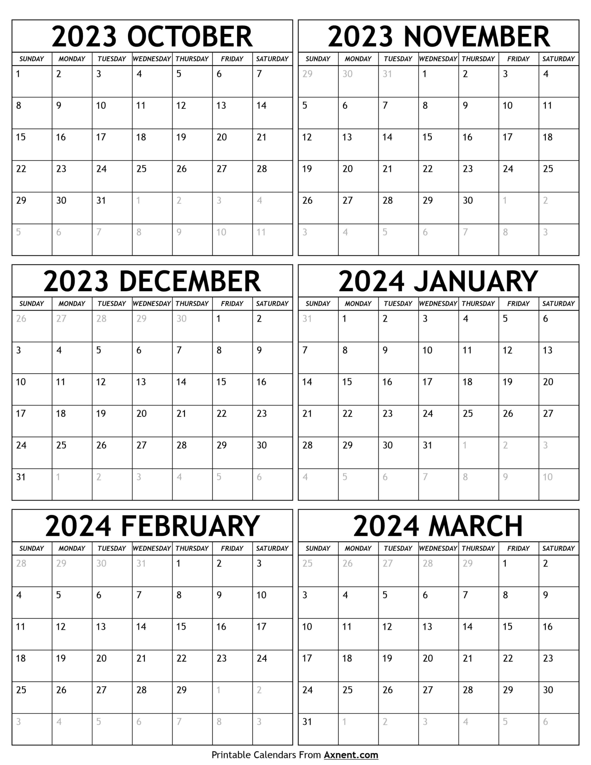 October 2023 To March 2024 Calendar Templates - Six Months for Free Printable 6 Month Calendar 2024
