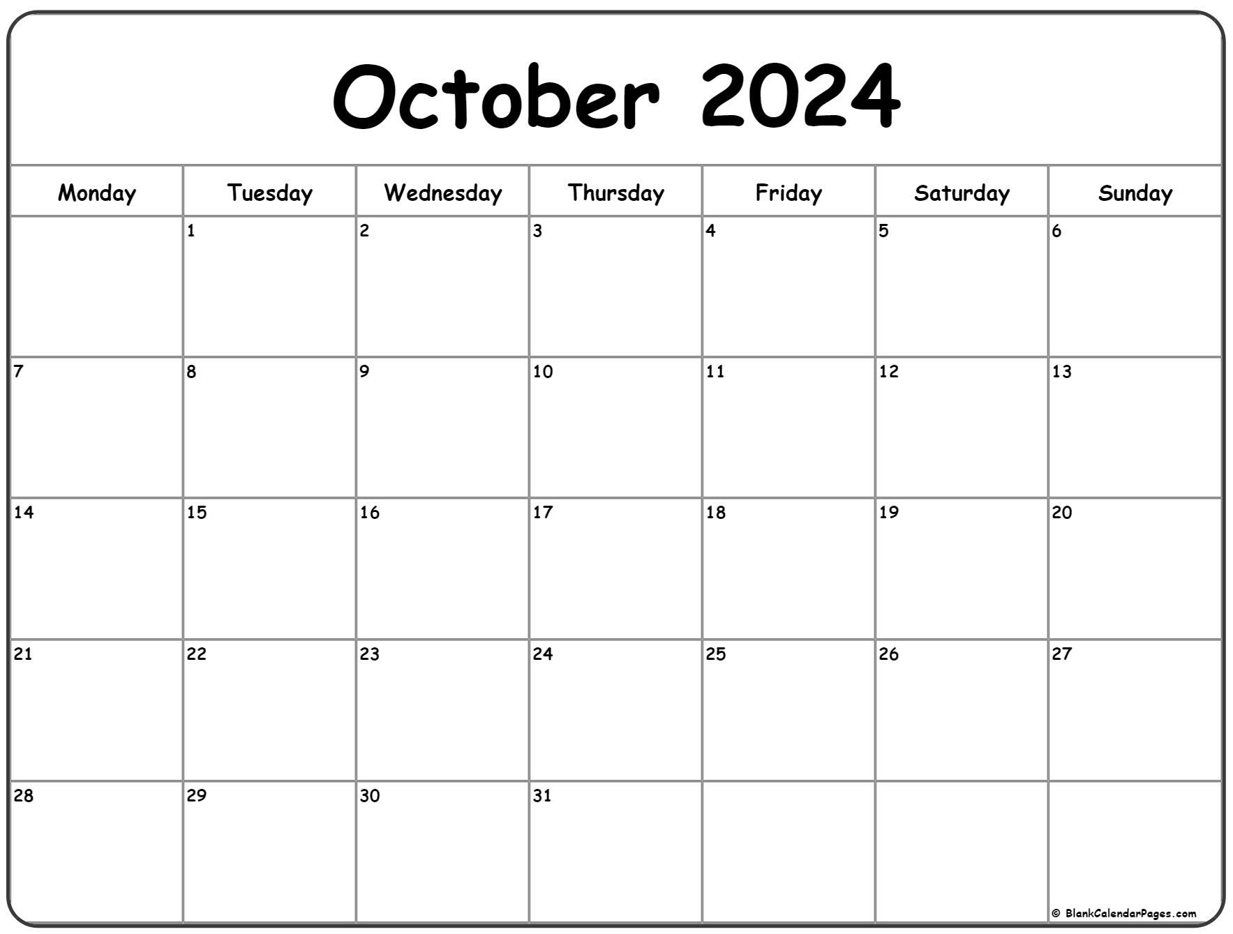 October 2024 Monday Calendar | Monday To Sunday for Printable Calendar October 2024