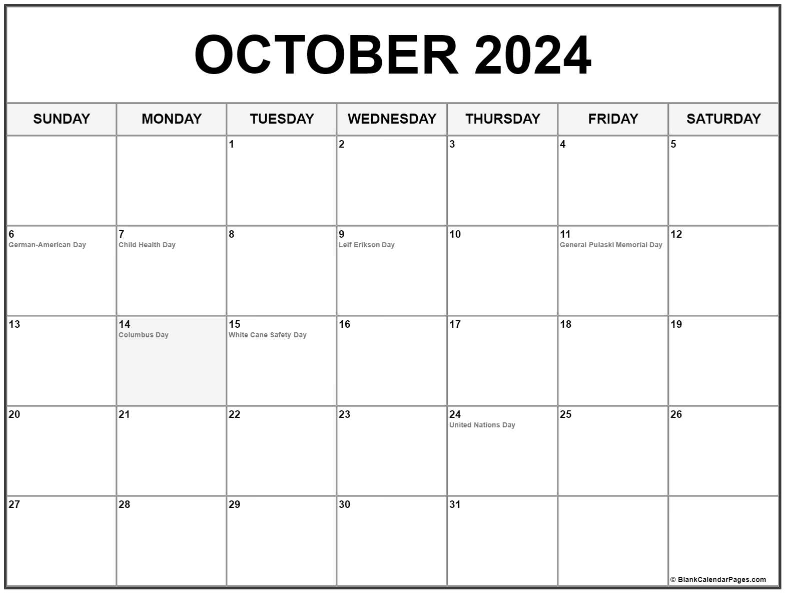 October 2024 With Holidays Calendar for Free Printable October 2024 Calendar With Holidays