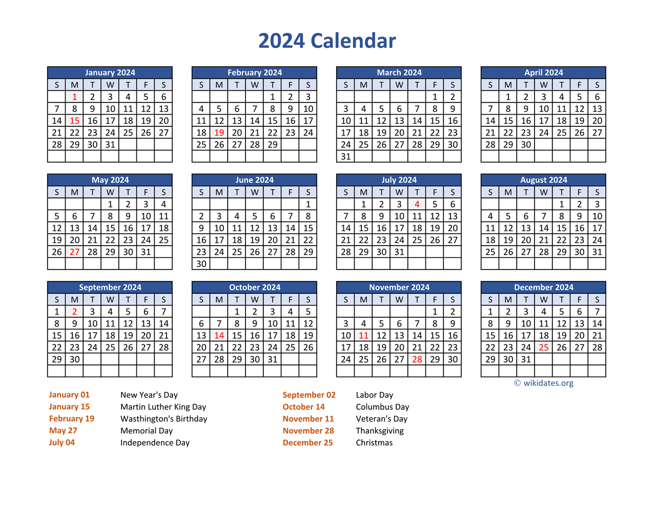 Pdf Calendar 2024 With Federal Holidays | Wikidates for 2024 Calendar Usa Printable