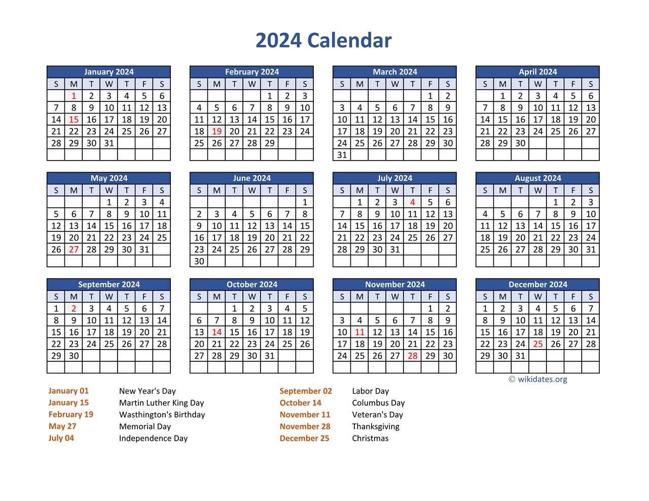 Pdf Calendar 2024 With Federal Holidays | Wikidates for 2024 Printable Yearly Calendar With Holidays