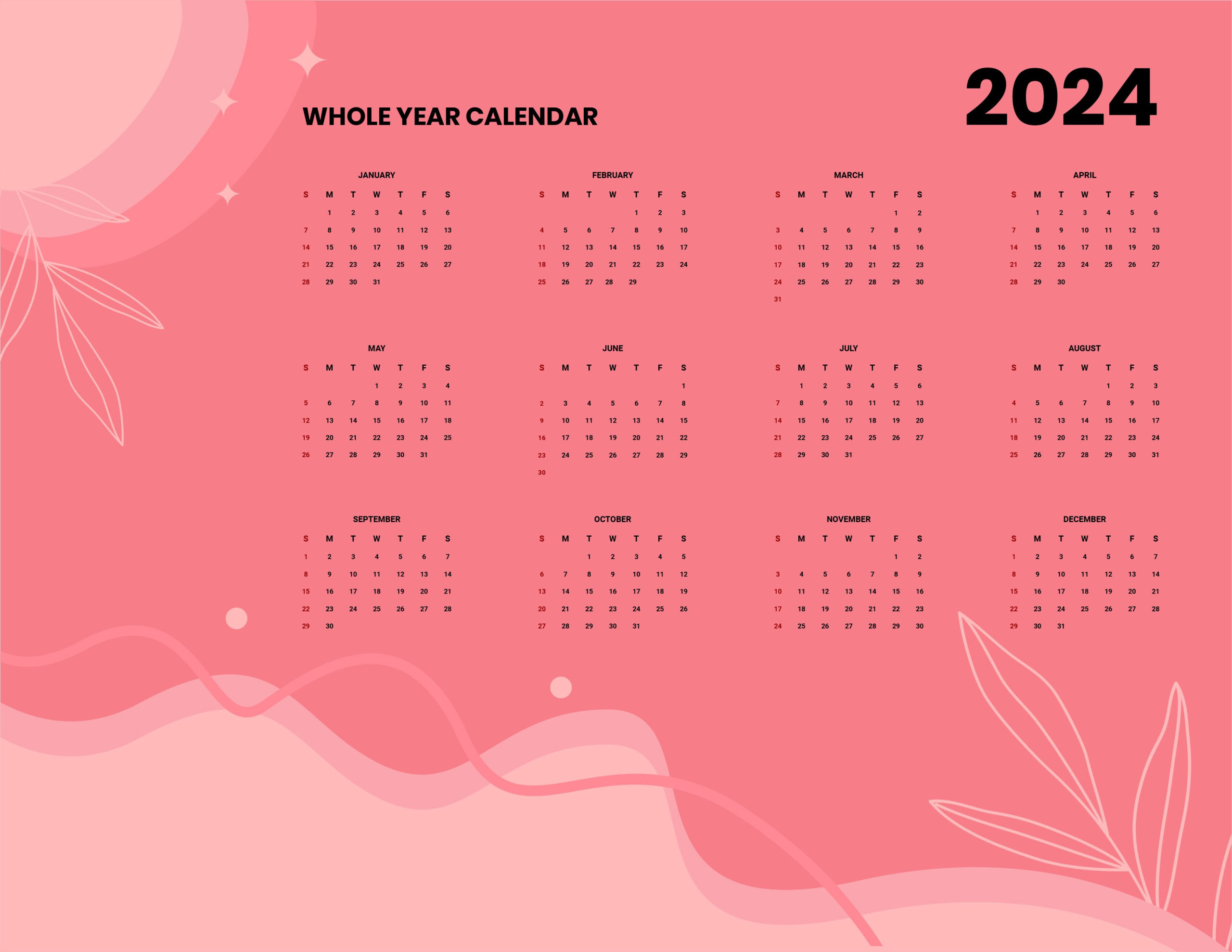 Pink Year 2024 Calendar - Word, Illustrator, Eps, Svg, Jpg for Pink Printable Calendar 2024
