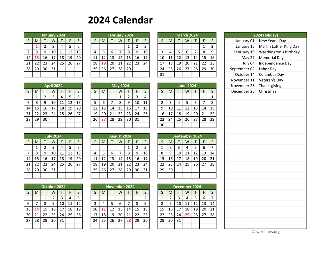 Printable 2024 Calendar With Federal Holidays | Wikidates for 2024 Calendar With Federal Holidays Printable