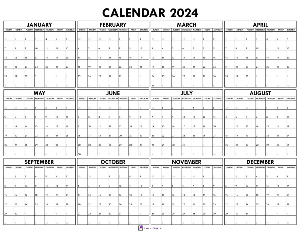Printable 2024 Yearly Calendar Template - Thakur Writes for 2024 Calendar Template Printable