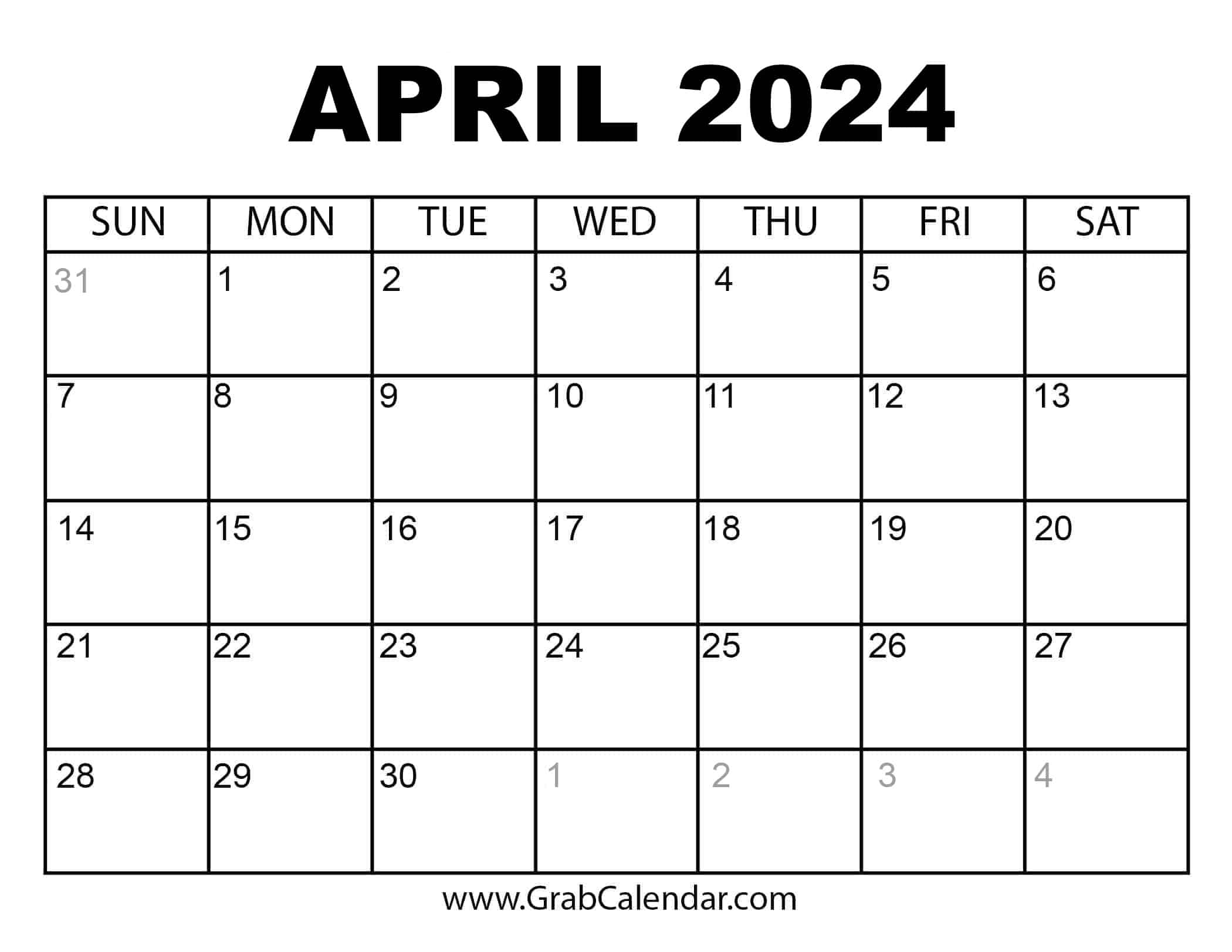 Printable April 2024 Calendar for 2024 April Printable Calendar