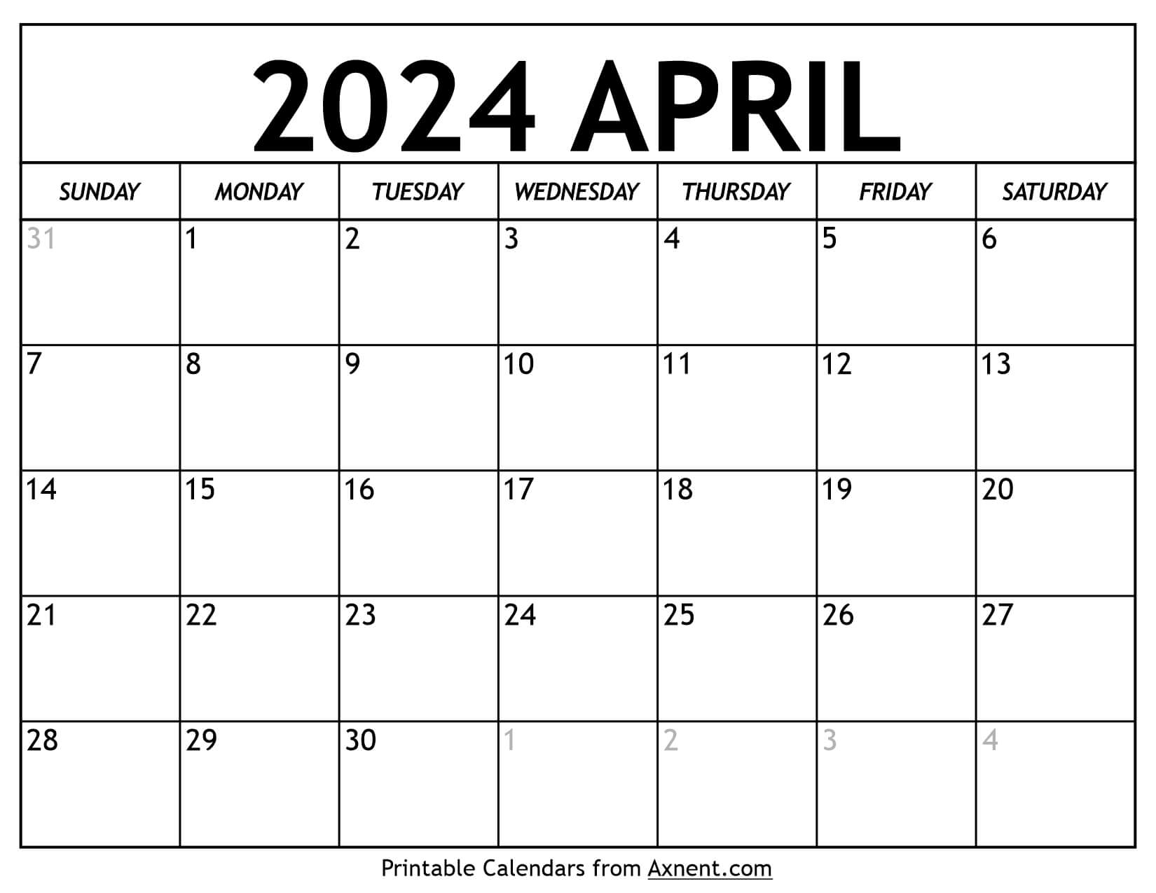 Printable April 2024 Calendar Template - Print Now for 2024 April Calendar Printable