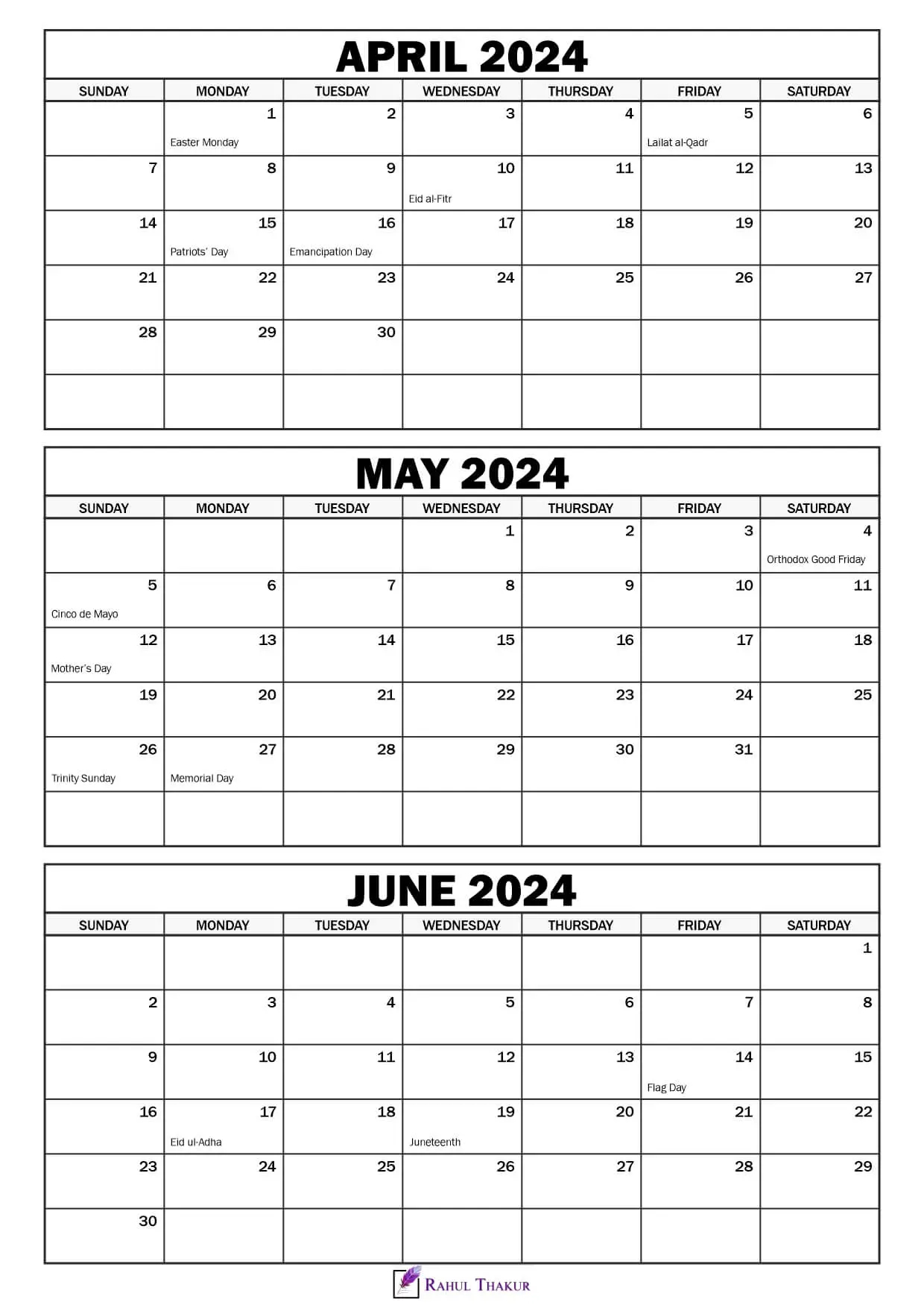 Printable April To June 2024 Calendar Template - Thakur Writes for April May June 2024 Calendar Printable