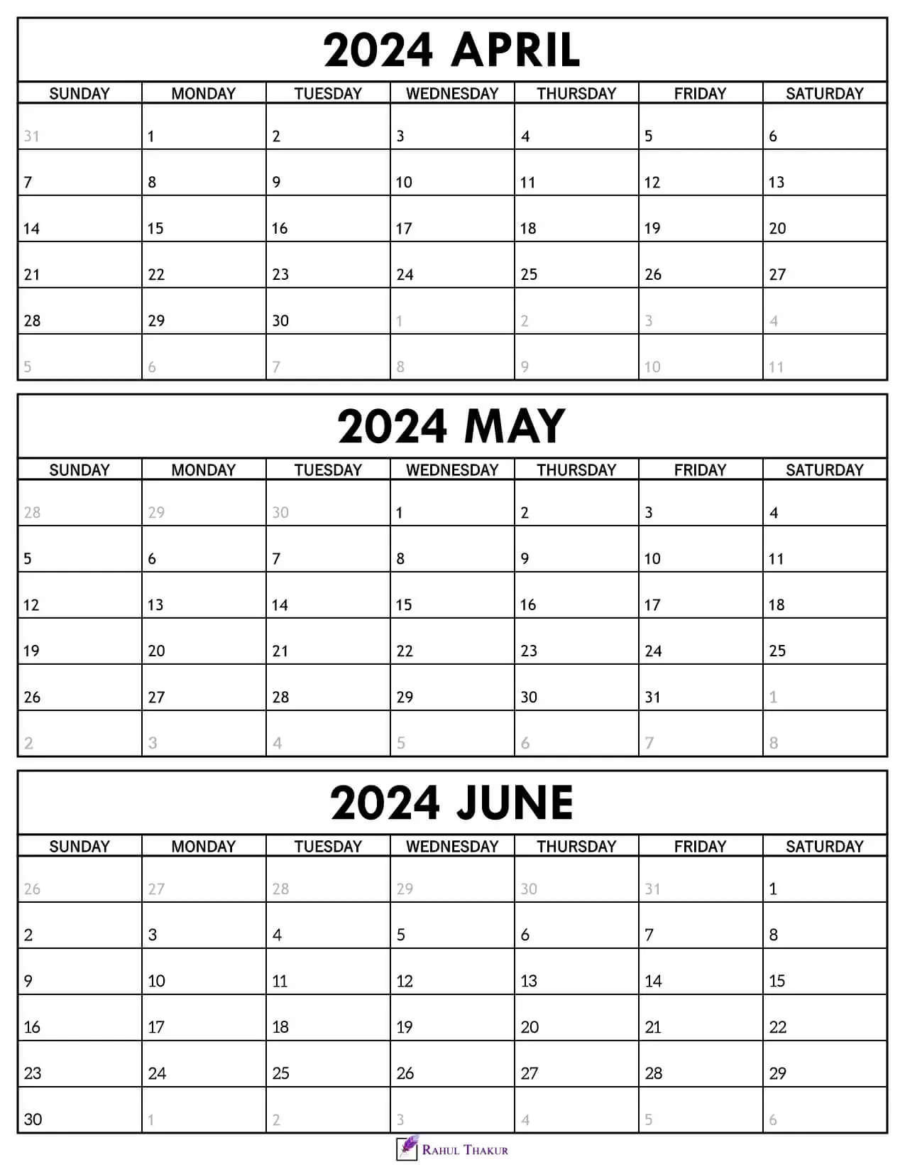 Printable April To June 2024 Calendar Template - Thakur Writes for Printable Calendar April May June 2024