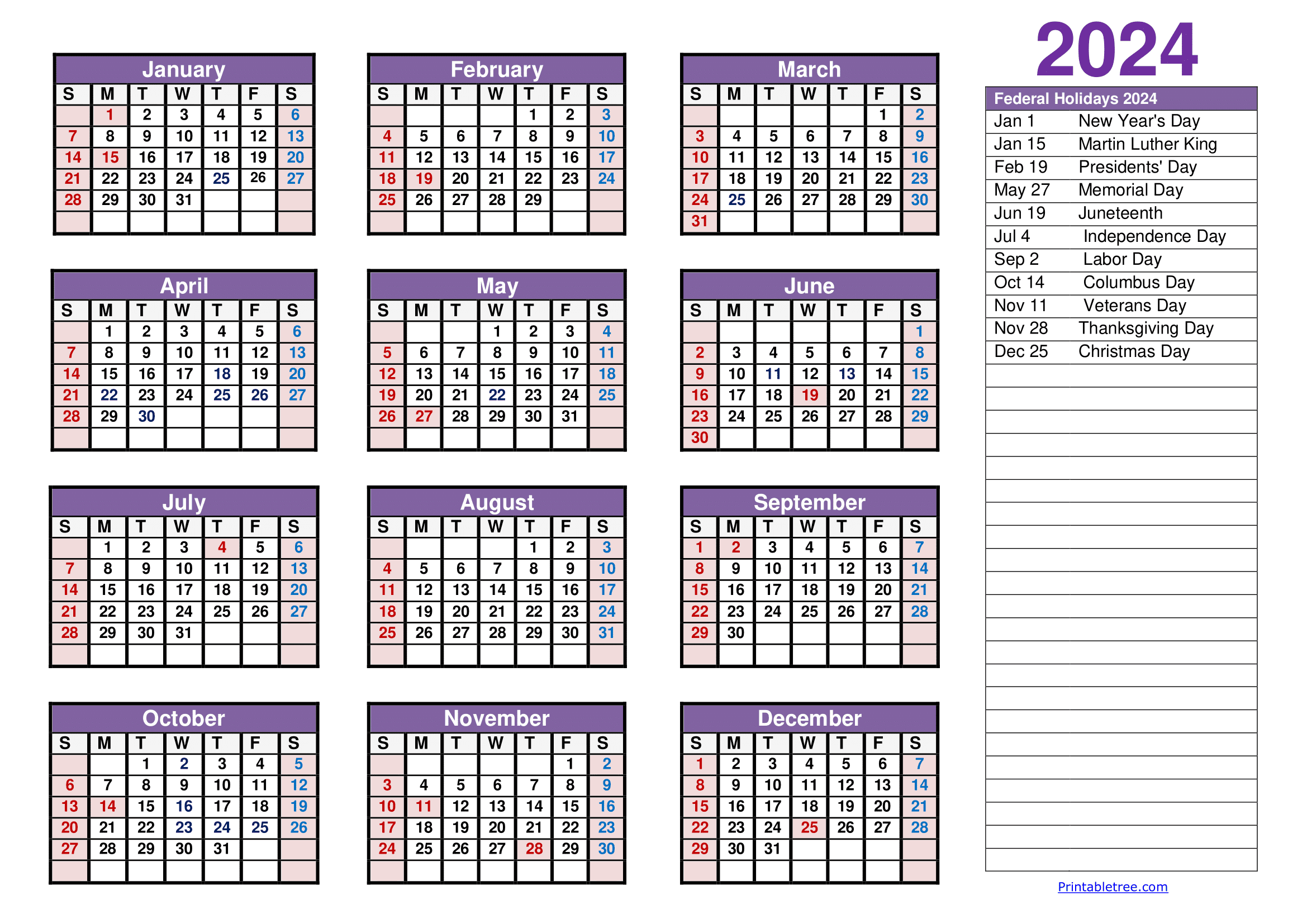 Printable Calendar 2024 One Page With Holidays (Single Page) 2024 for 1 Year Calendar 2024 Printable