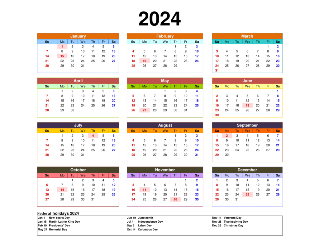 Printable Calendar 2024 One Page With Holidays (Single Page) 2024 for 12 Month Calendar 2024 Free Printable