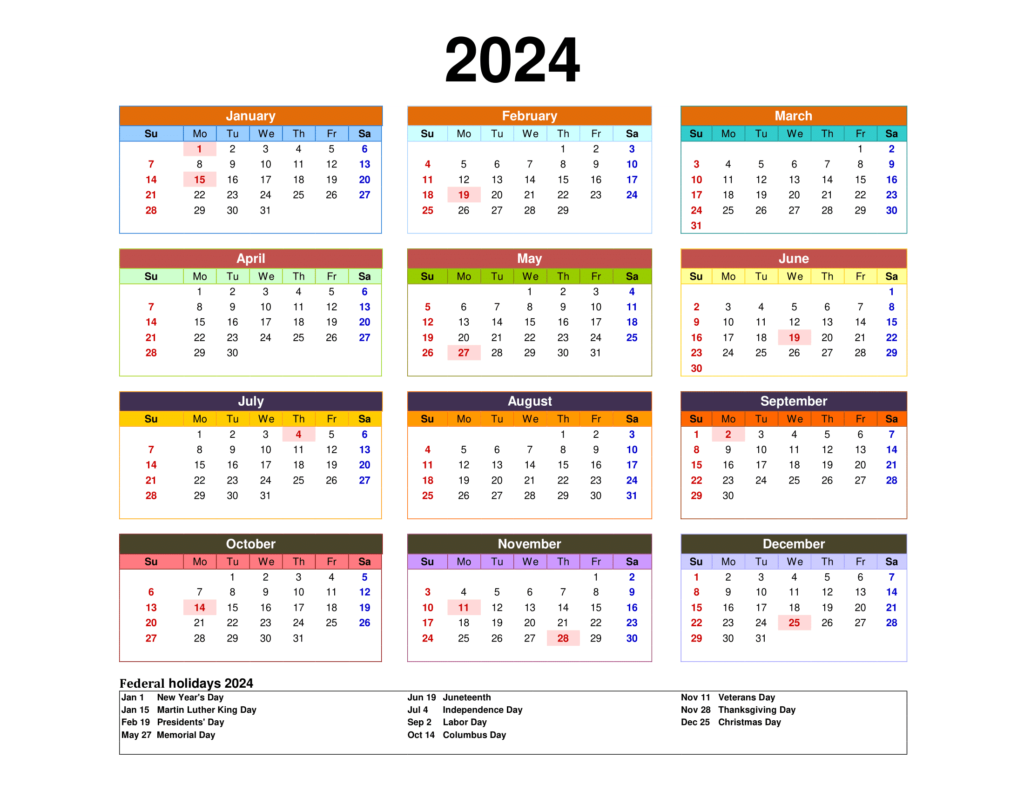 Printable Calendar 2024 One Page With Holidays (Single Page) 2024 for 2024 Printable Calendar One Page With Holidays