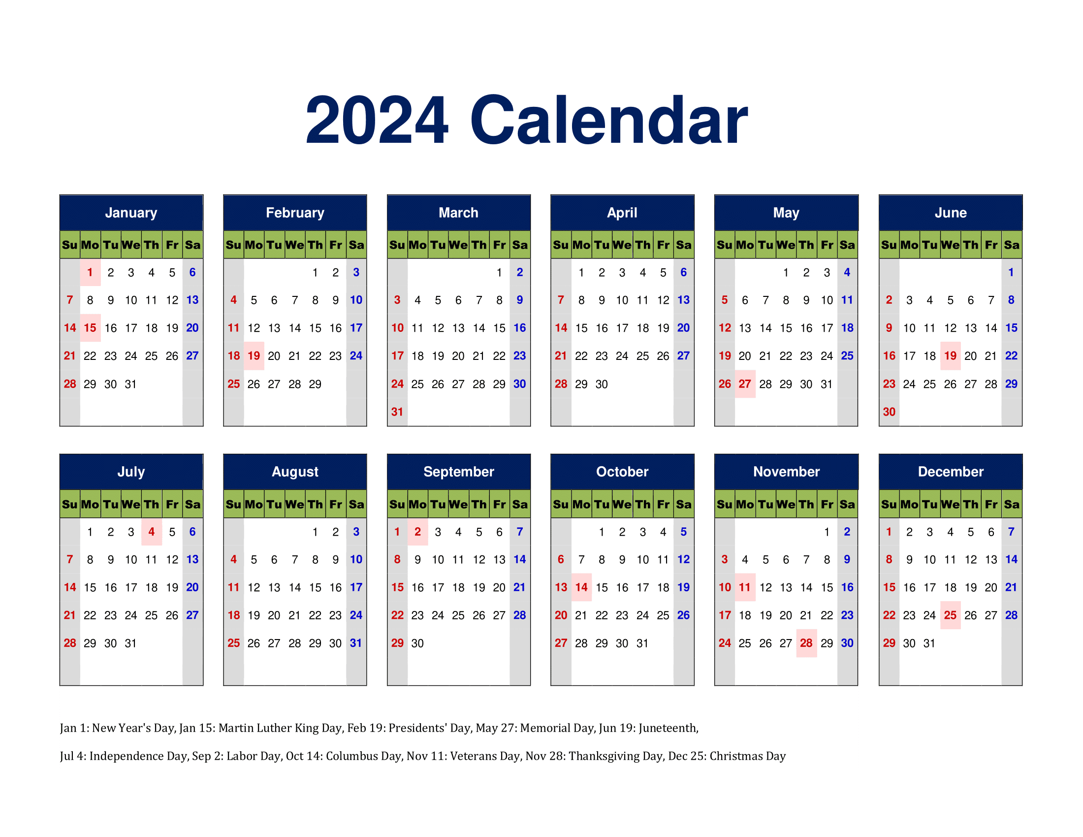 Printable Calendar 2024 One Page With Holidays (Single Page) 2024 for 2024 Printable Julian Calendar