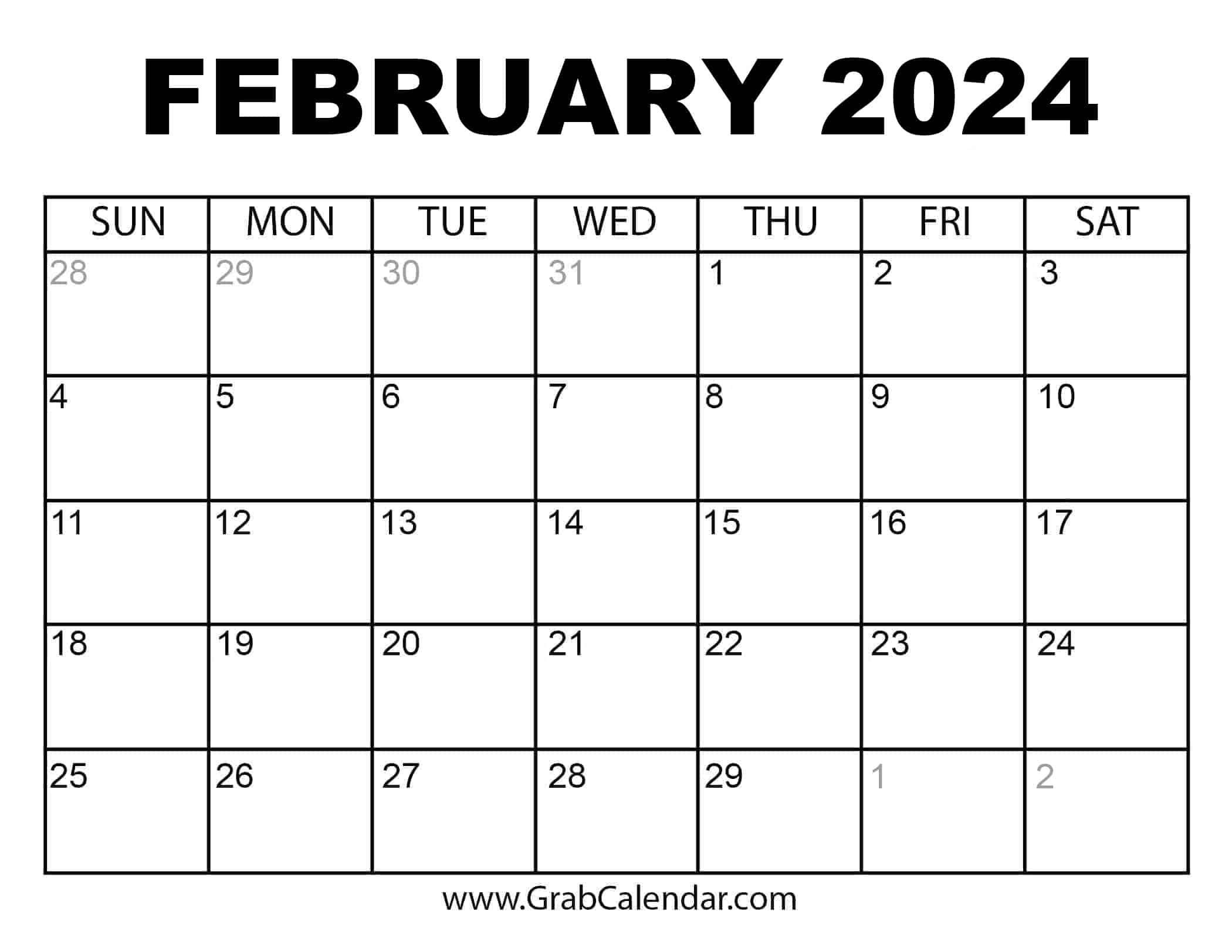 Printable February 2024 Calendar for Calendar 2024 February Printable Free