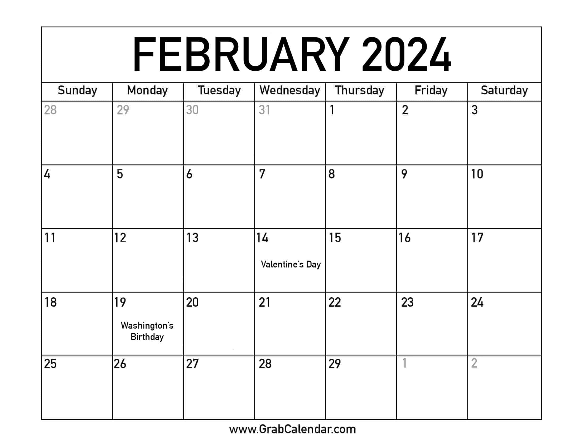 Printable February 2024 Calendar for Feb 2024 Calendar With Holidays Printable